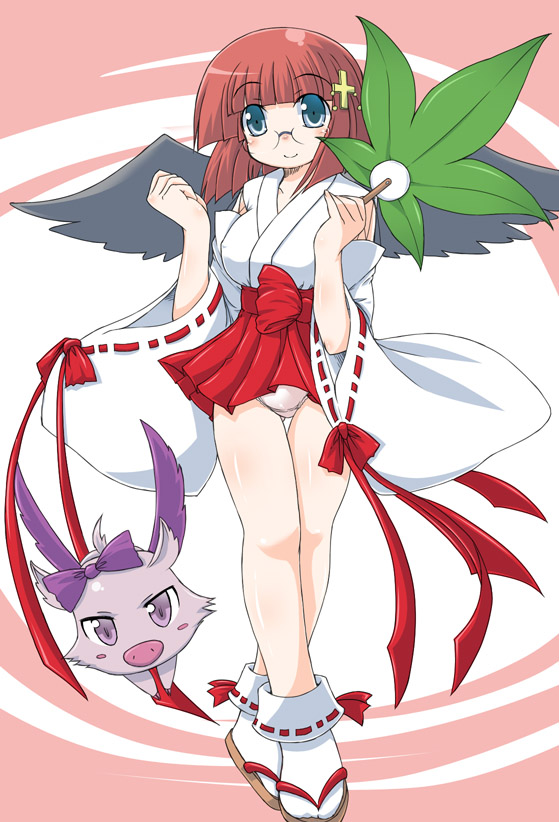 naitou kouse, naitou, 1girl, adapted uniform, female focus, glasses, hakama, hakama skirt, japanese clothes, miko, panties, red hakama, skirt, solo, underwear