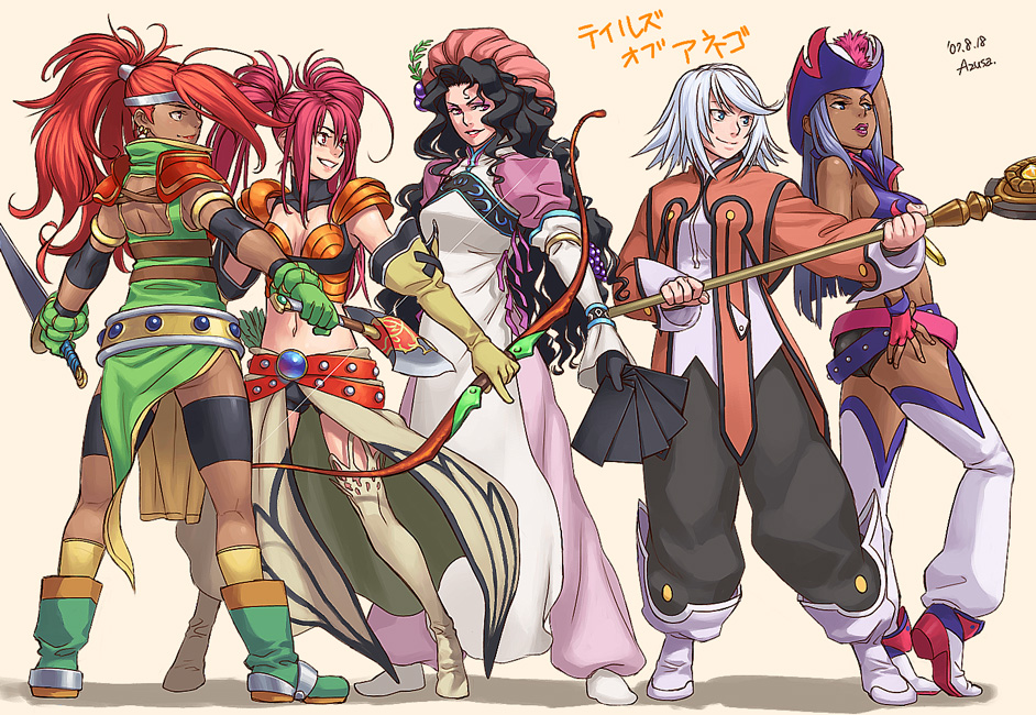 azusa (hws), hilda rhambling, isabella (tales), mary argent, nanaly fletch, raine sage, namco, tales of (series), tales of destiny, tales of destiny 2, tales of legendia, tales of rebirth, tales of symphonia, silver hair, 00s, 2007, 5girls, axe, belt, black hair, bow (weapon), dated, elbow gloves, fingerless gloves, gloves, hat, long hair, multiple girls, red hair, staff, sword, waist cape, weapon, white background