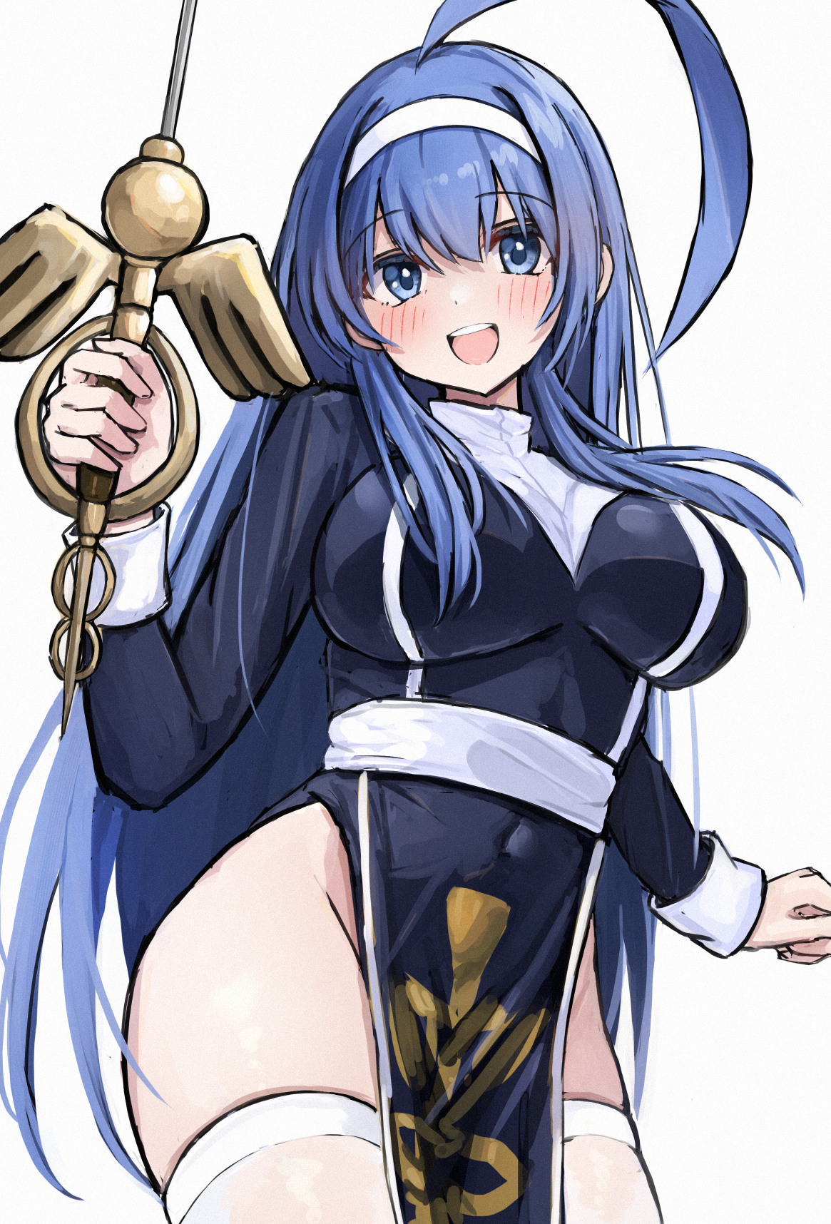 tabii, orie ballardiae harada, under night in-birth, highres, 1girl, ahoge, black dress, blue eyes, blue hair, blush, breasts, cowboy shot, dress, grey background, holding, holding sword, holding weapon, large breasts, open mouth, simple background, skindentation, smile, solo, sword, thighhighs, weapon, white thighhighs