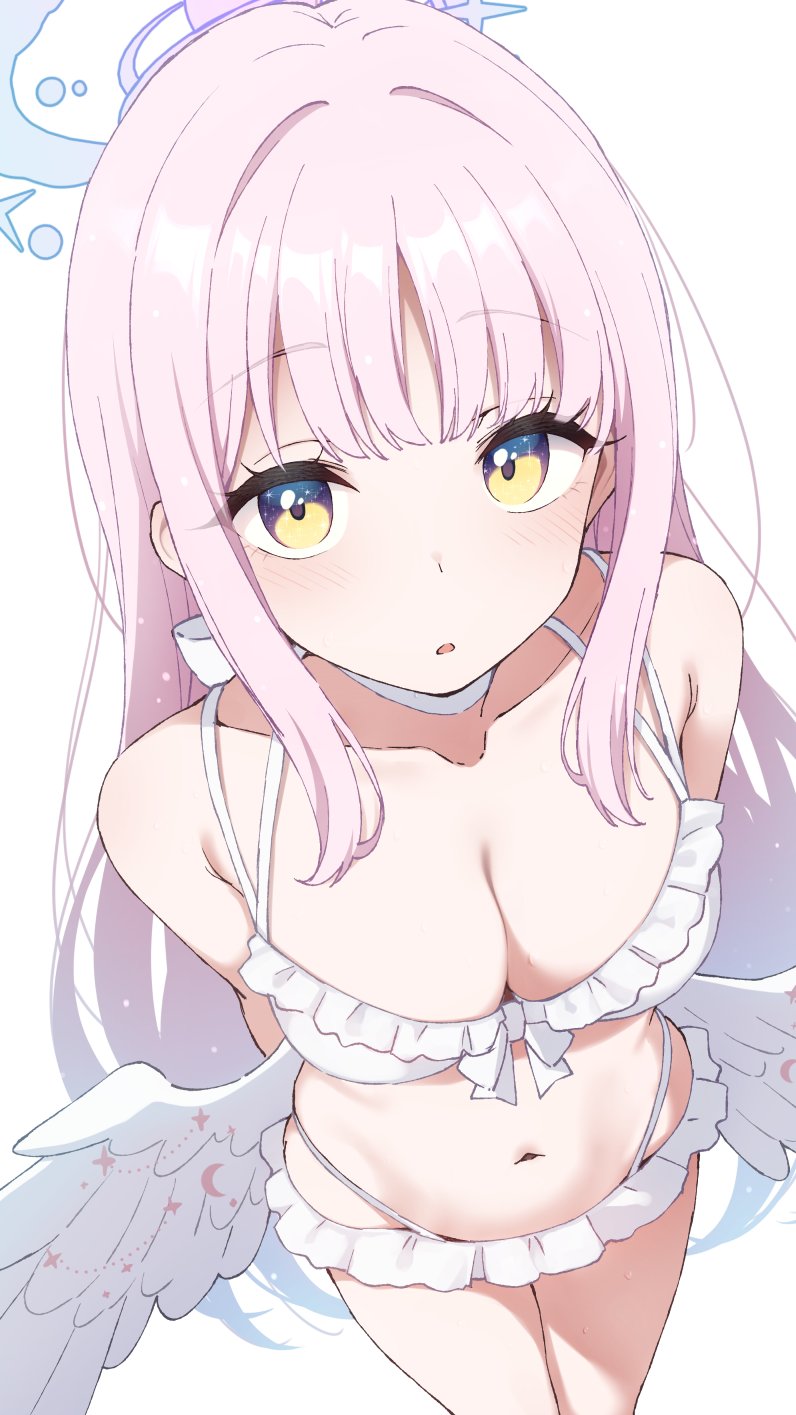 nagami yuu, mika (blue archive), mika (swimsuit) (blue archive), blue archive, commentary request, highres, 1girl, arms behind back, bare shoulders, bikini, blue hair, blush, breasts, choker, cleavage, collarbone, feathered wings, frilled bikini, frills, gradient hair, halo, long hair, looking at viewer, low wings, medium breasts, multicolored hair, navel, parted lips, pink hair, simple background, solo, standing, swimsuit, very long hair, white background, white bikini, white choker, white wings, wings, yellow eyes