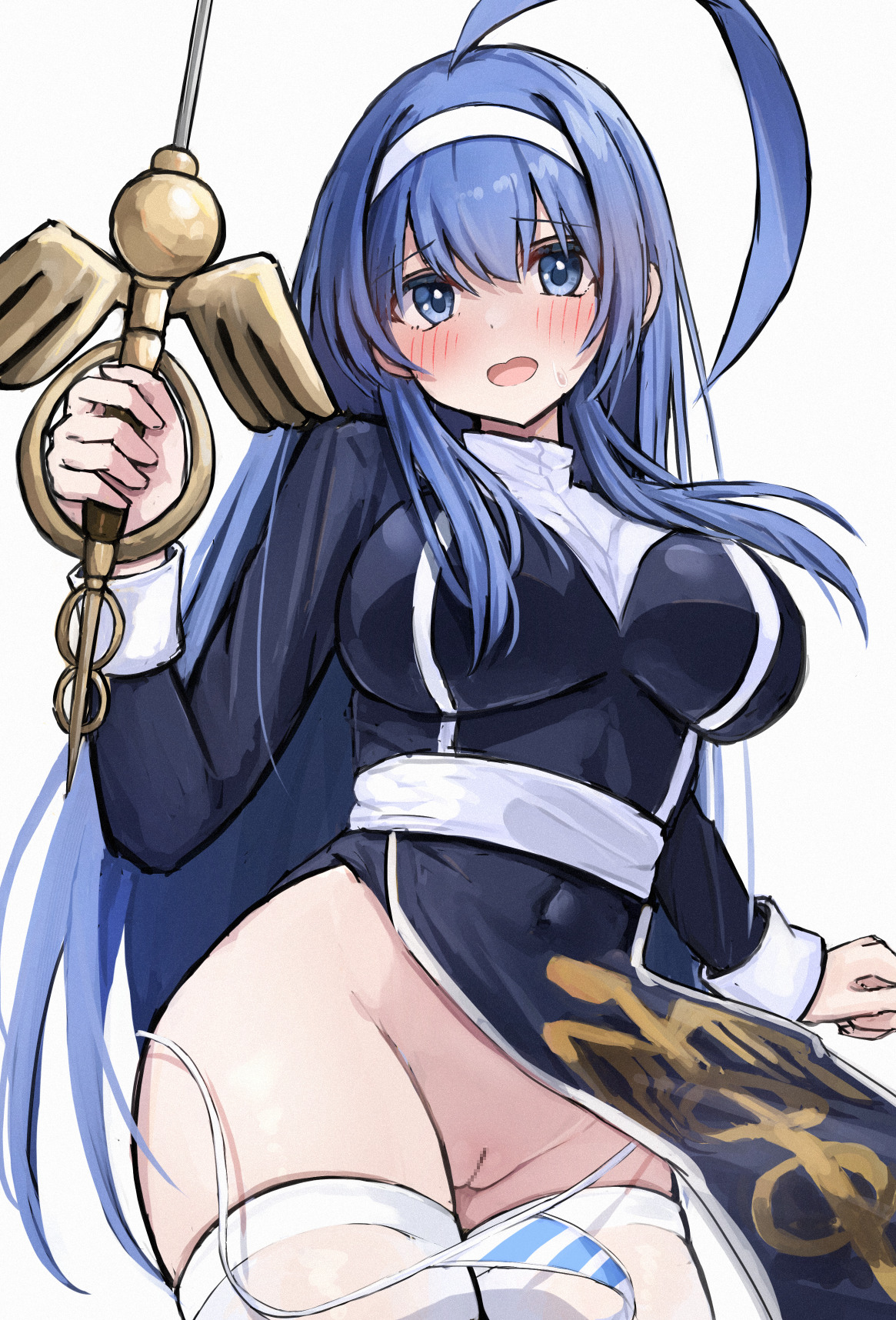 tabii, orie ballardiae harada, under night in-birth, highres, 1girl, ahoge, black dress, blue eyes, blue hair, blue panties, blush, breasts, cowboy shot, dress, grey background, holding, holding sword, holding weapon, large breasts, open mouth, panties, pussy, side-tie panties, simple background, skindentation, smile, solo, striped clothes, striped panties, sword, thighhighs, two-tone panties, underwear, weapon, white panties, white thighhighs