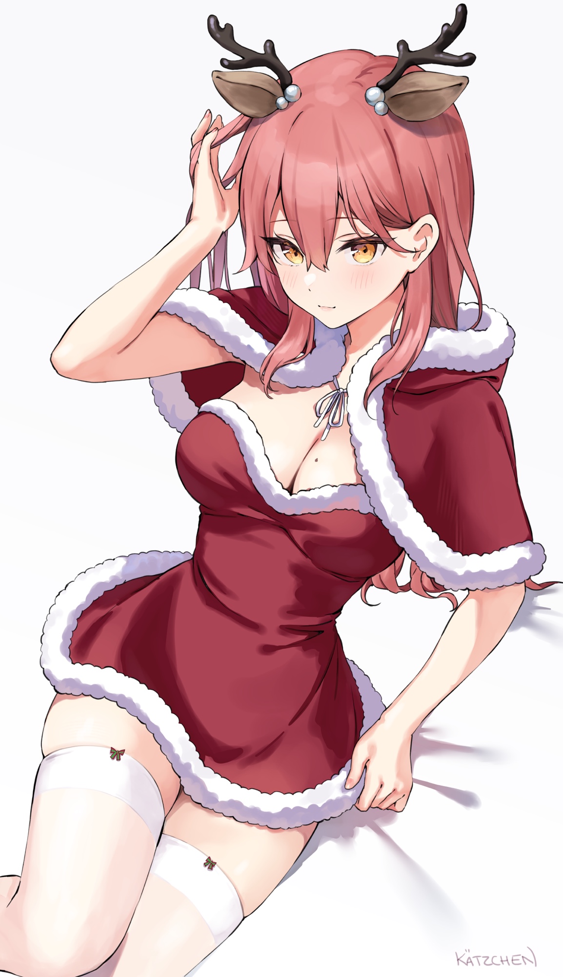kaetzchen, liliya (kaetzchen), original, commentary, english commentary, highres, 1girl, animal ears, antlers, breasts, capelet, cleavage, closed mouth, deer ears, dress, fake animal ears, fake antlers, frilled capelet, frills, fur-trimmed dress, fur trim, hand up, horns, large breasts, long hair, looking at viewer, mole, mole on breast, pink hair, red capelet, red dress, reindeer antlers, short dress, simple background, skindentation, solo, strapless, strapless dress, thighhighs, white background, white thighhighs, yellow eyes, zettai ryouiki