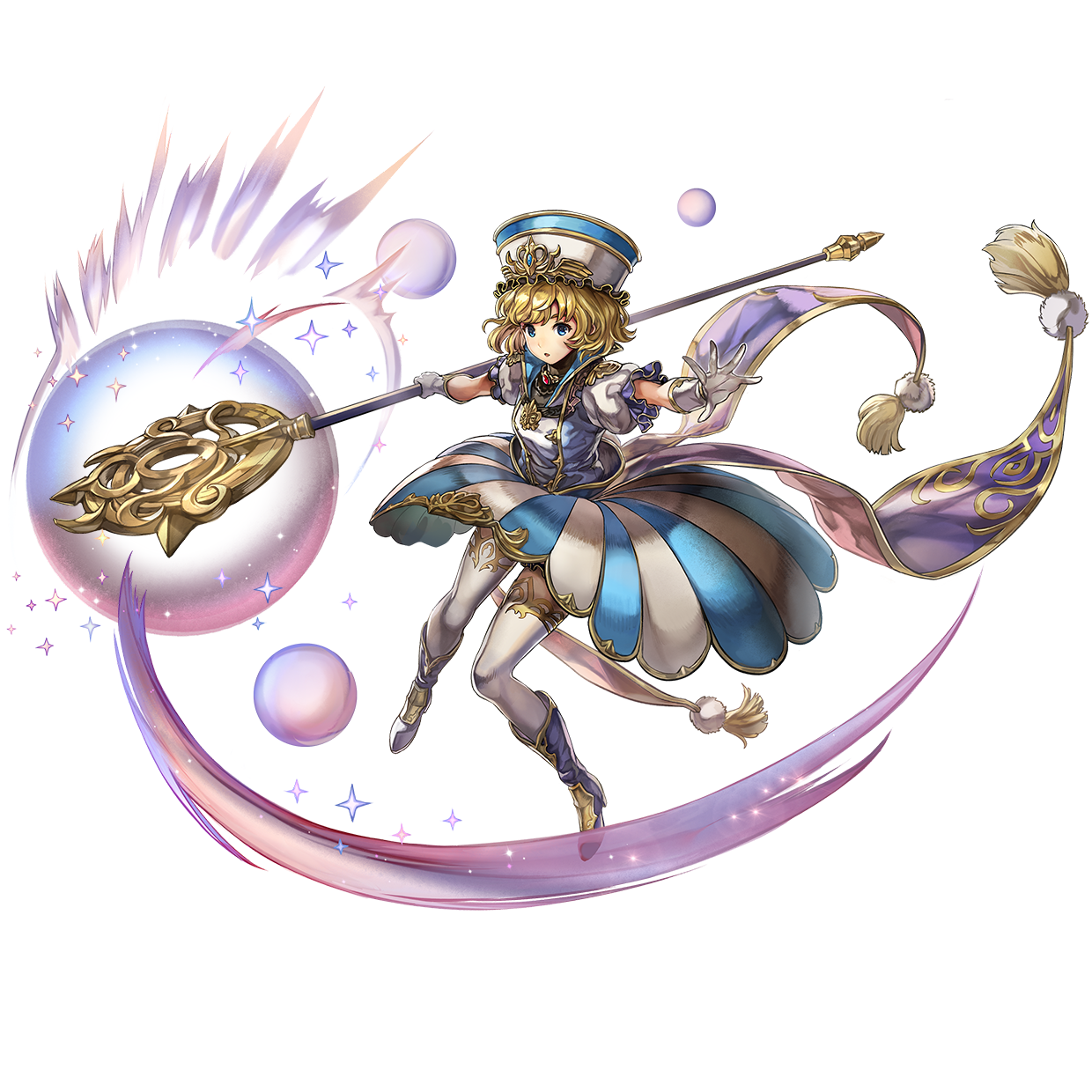 mariel (another eden), another eden, highres, official art, 1girl, another eden art team, blonde hair, blue eyes, blue sailor collar, boots, breasts, dress, full body, gloves, glowing, hat, high heel boots, high heels, holding, holding staff, holding weapon, lips, looking at viewer, open hand, outstretched arms, puffy short sleeves, puffy sleeves, purple boots, sailor collar, short hair, short sleeves, solo, spread fingers, staff, thighhighs, transparent background, wavy hair, weapon, white dress, white gloves, white thighhighs