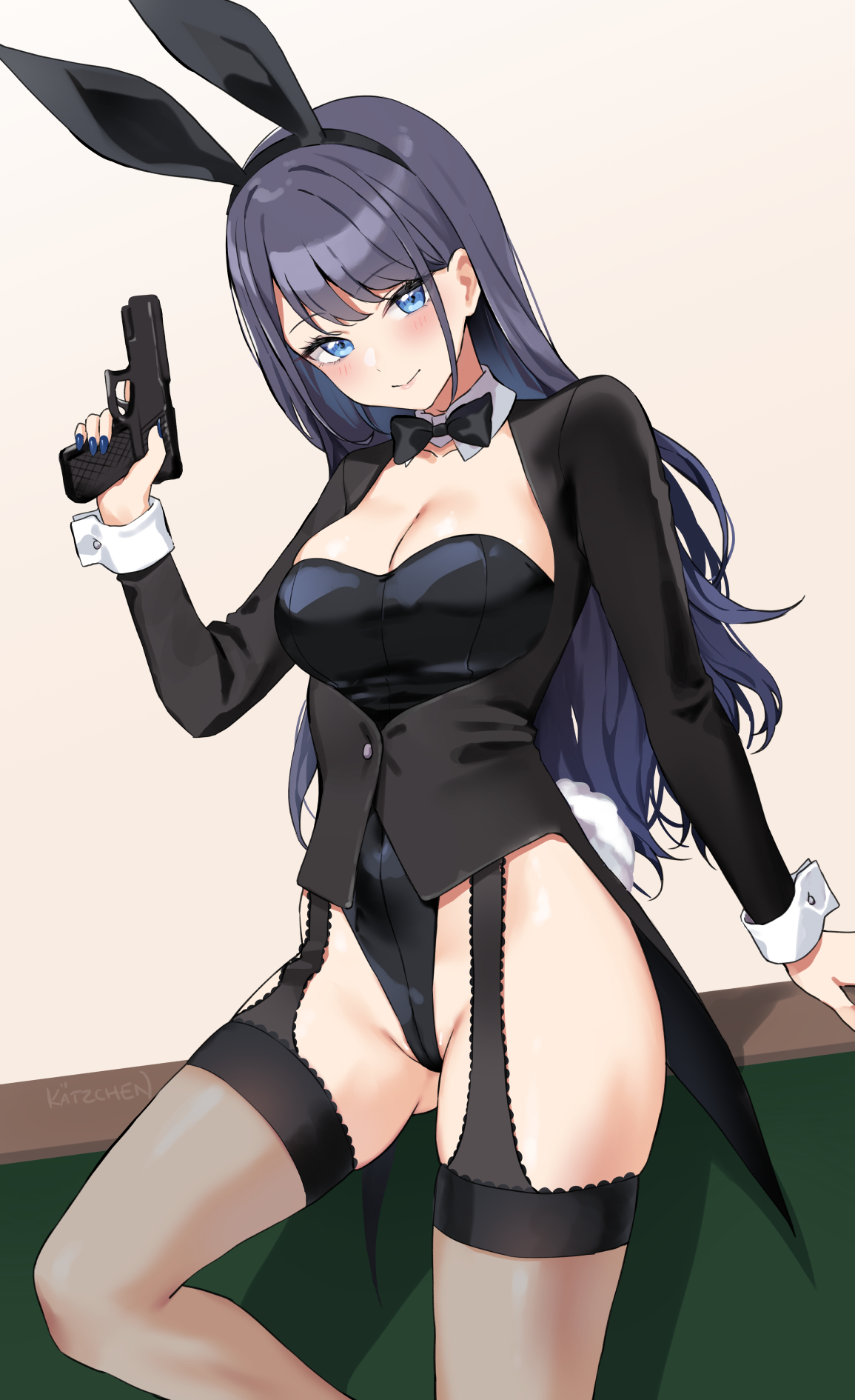 kaetzchen, kitagawa marin, sono bisque doll wa koi wo suru, highres, 1girl, alternate eye color, alternate hair color, animal ears, black coat, black hair, black leotard, blue eyes, blue nails, bow, bowtie, breasts, brown thighhighs, buttons, cleavage, closed mouth, coat, detached collar, fake animal ears, garter straps, gun, hairband, hand up, handgun, highleg, highleg leotard, holding, holding gun, holding weapon, large breasts, leotard, long hair, long sleeves, looking at viewer, nail polish, playboy bunny, rabbit ears, skindentation, smile, solo, strapless, strapless leotard, tailcoat, thighhighs, trigger discipline, weapon, wrist cuffs