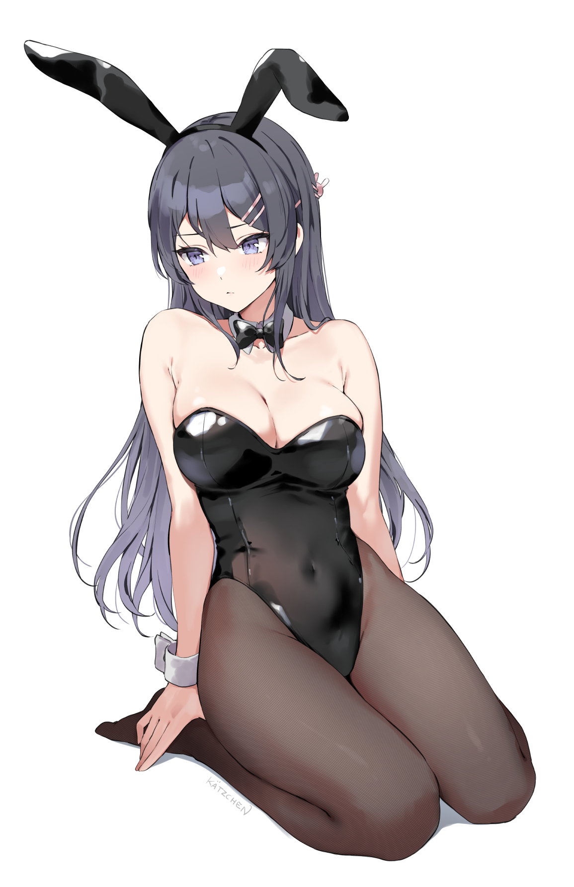 kaetzchen, sakurajima mai, seishun buta yarou, highres, 1girl, animal ears, armpit crease, bare shoulders, black hairband, black leotard, bow, bowtie, breasts, brown pantyhose, cleavage, covered navel, detached collar, fake animal ears, hairband, highleg, highleg leotard, large breasts, leotard, looking to the side, no shoes, pantyhose, playboy bunny, rabbit ears, simple background, solo, strapless, strapless leotard, white background, wrist cuffs
