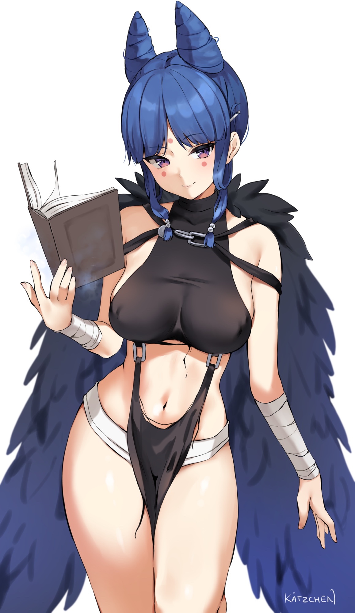 kaetzchen, original, highres, 1girl, bandaged wrist, bandages, bare shoulders, black shirt, blue hair, book, borrowed character, breasts, closed mouth, cone hair bun, crop top, facial mark, feather cape, grimoire, hair bun, large breasts, long hair, looking at viewer, midriff, myrra the witch (chaesu), navel, pelvic curtain, purple eyes, revealing clothes, shirt, simple background, sleeveless, sleeveless shirt, smile, solo, stomach, taut clothes, taut shirt, thighs, white background