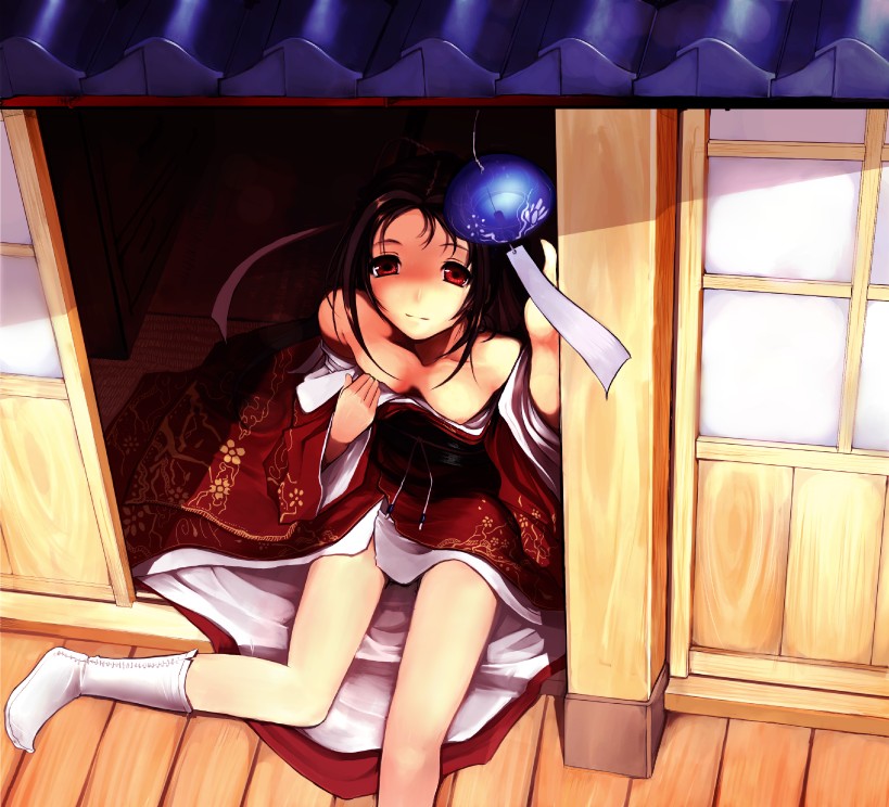 akahoshi kenji, original, 1girl, bare shoulders, breasts, female focus, japanese clothes, kimono, medium breasts, nipple slip, nipples, porch, red eyes, solo, veranda