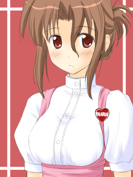 masakichi (crossroad), maria (hayate no gotoku!), anna miller, hayate no gotoku!, 00s, 1girl, alternate costume, brown hair, female focus, folded ponytail, name tag, puffy short sleeves, puffy sleeves, red eyes, short sleeves, solo, underbust, upper body, waitress