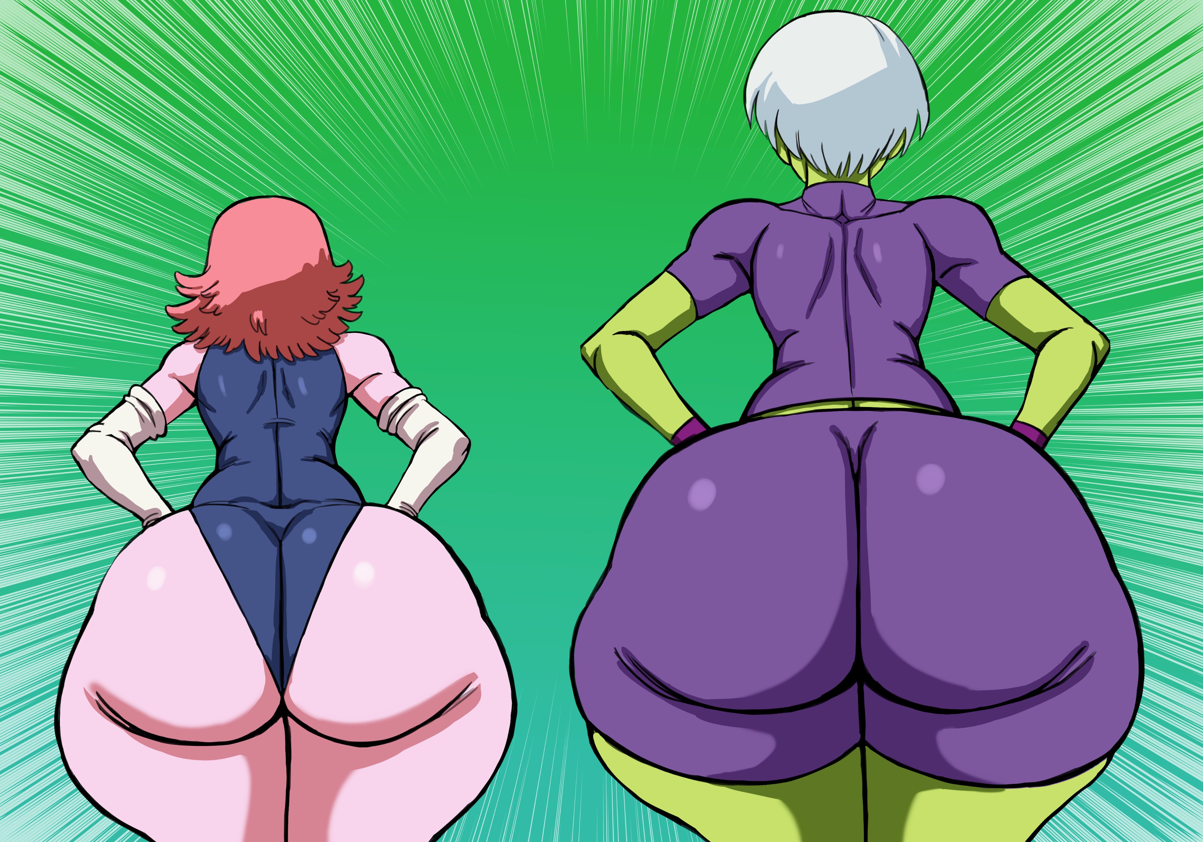 charge sol, cheelai, chronoa, dragon ball, dragon ball super, dragon ball xenoverse, absurdres, highres, 2girls, ass, ass focus, breasts, colored skin, female focus, from behind, green skin, hands on own hips, huge breasts, leotard, multiple girls, pink hair, pink skin, short hair, thick thighs, thighs, white hair, wide hips