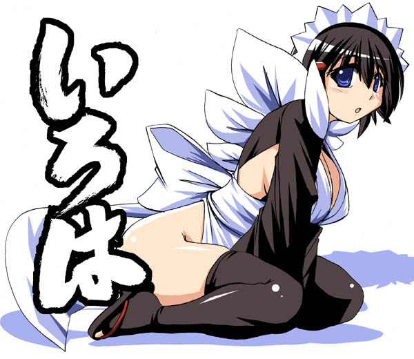 tonpuu, iroha (samurai spirits), samurai spirits, 1girl, black eyes, blue eyes, blush, breasts, cleavage, female focus, maid, no panties, ribbon, sandals, short hair, solo, thighhighs, thighs