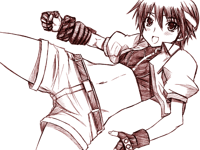 chikuwa (artist), chikuwa (tikuwa), revolver knuckle, subaru nakajima, lyrical nanoha, mahou shoujo lyrical nanoha, mahou shoujo lyrical nanoha strikers, 00s, 1girl, female focus, monochrome, purple theme, sketch, solo