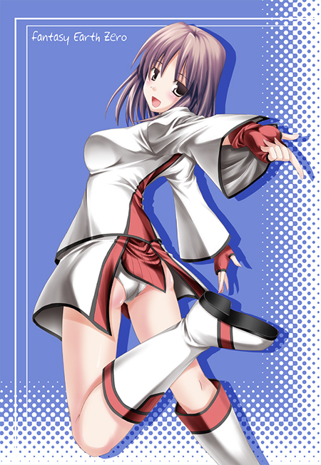 yonekura kihiro, fantasy earth zero, 1girl, :d, ass, boots, brown eyes, coat, female focus, fingerless gloves, from behind, gloves, index finger raised, knee boots, leg up, long sleeves, looking at viewer, no pants, open mouth, outstretched arms, panties, pink hair, red gloves, short hair, smile, solo, standing, standing on one leg, underwear, white boots