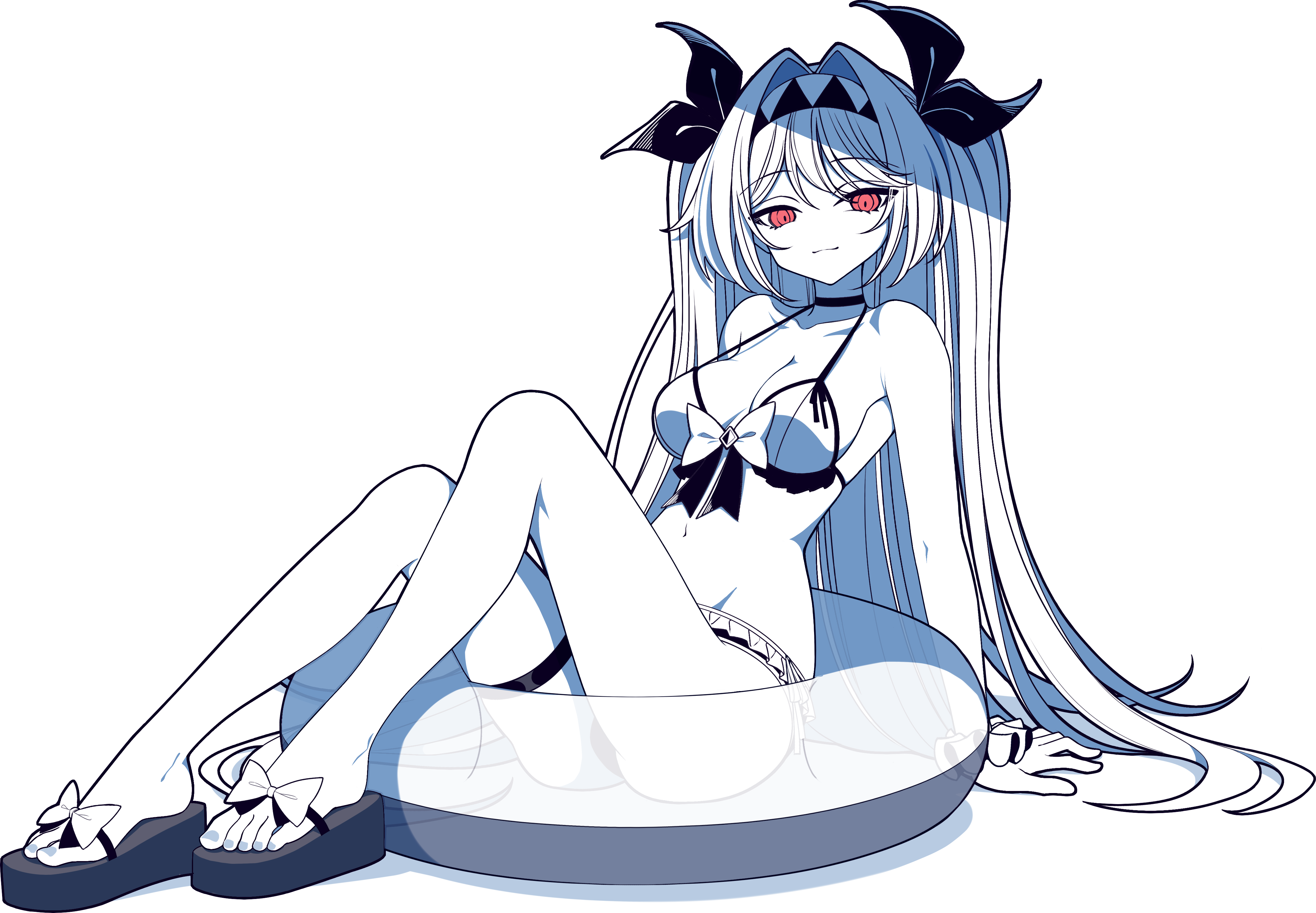 chunzhen zhi ren, lilith (the noexistencen of you and me), the noexistencen of you and me, absurdres, highres, 1girl, bikini, feet, flip-flops, hairband, innertube, long hair, looking at viewer, red eyes, sandals, smile, swim ring, swimsuit, toes, transparent background, twintails, white hair