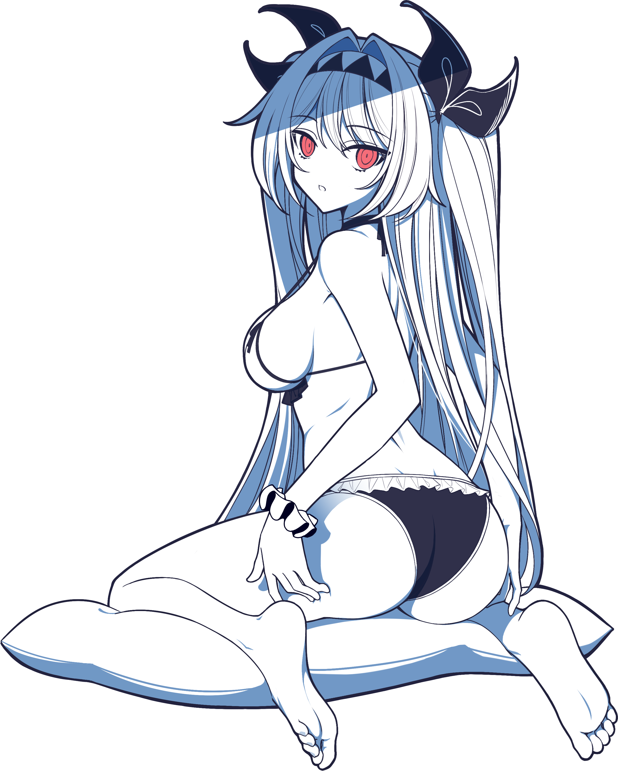 chunzhen zhi ren, lilith (the noexistencen of you and me), the noexistencen of you and me, absurdres, highres, 1girl, ass, barefoot, bikini, feet, hairband, long hair, looking at viewer, parted lips, red eyes, soles, swimsuit, toes, transparent background, twintails, white hair