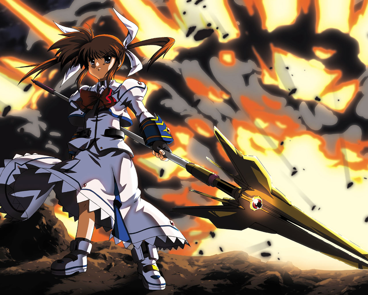 fujitama (lose dog), raising heart, raising heart (exelion mode), takamachi nanoha, takamachi nanoha (sacred mode), lyrical nanoha, mahou shoujo lyrical nanoha, mahou shoujo lyrical nanoha a's, 00s, 1girl, bow, explosion, female focus, fingerless gloves, gloves, magazine (weapon), magical girl, purple eyes, red bow, red hair, serious, solo, white devil