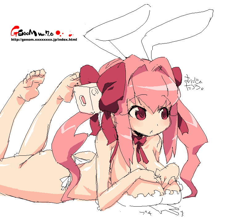 onija tarou, usada hikaru, di gi charat, 1girl, animal ears, barefoot, breast press, breast suppress, breasts, choker, dice, feet, female focus, huge breasts, oekaki, pink hair, rabbit ears, red eyes, sketch, soles, solo, twintails
