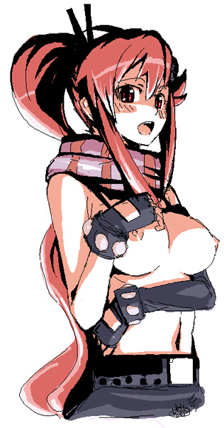 yoko littner, tengen toppa gurren lagann, 00s, 1girl, asymmetrical gloves, breasts, female focus, gloves, large breasts, nipples, oekaki, solo, topless female, topless frame, uneven gloves, upper body