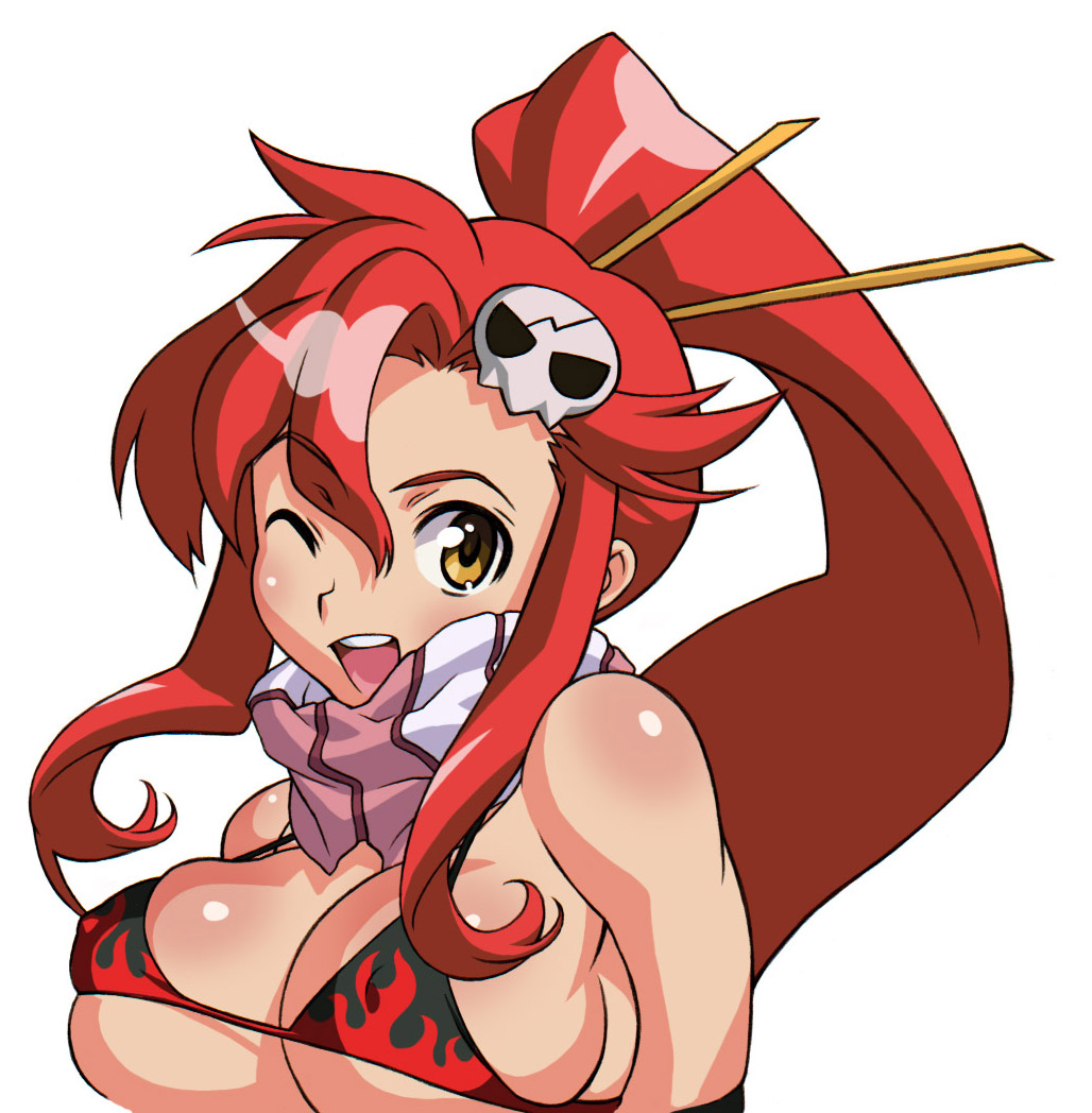 kei (bekei), yoko littner, tengen toppa gurren lagann, 00s, 1girl, asymmetrical bangs, bikini, breasts, female focus, high ponytail, large breasts, ponytail, red hair, solo, swimsuit, teeth, upper teeth only