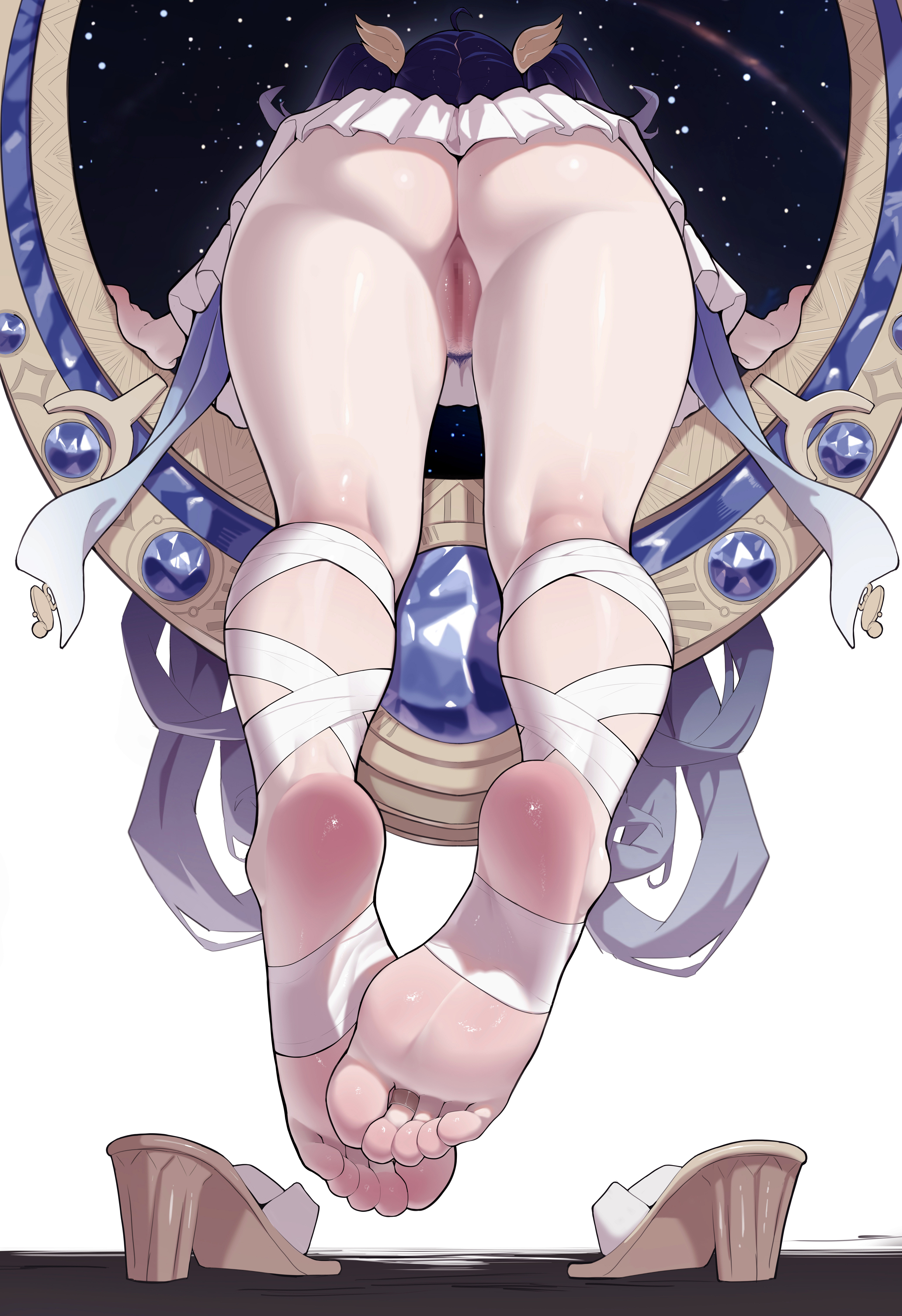 manzai sugar, iuno (wuthering waves), wuthering waves, absurdres, commentary request, highres, 1girl, ass, barefoot, black hair, blue hair, censored, gradient hair, mosaic censoring, multicolored hair, no panties, pantyhose, portal (object), pussy, shoes, skirt, soles, space, thighs, toes, unworn shoes, white background, white hair, white pantyhose, white skirt, winged hair ornament