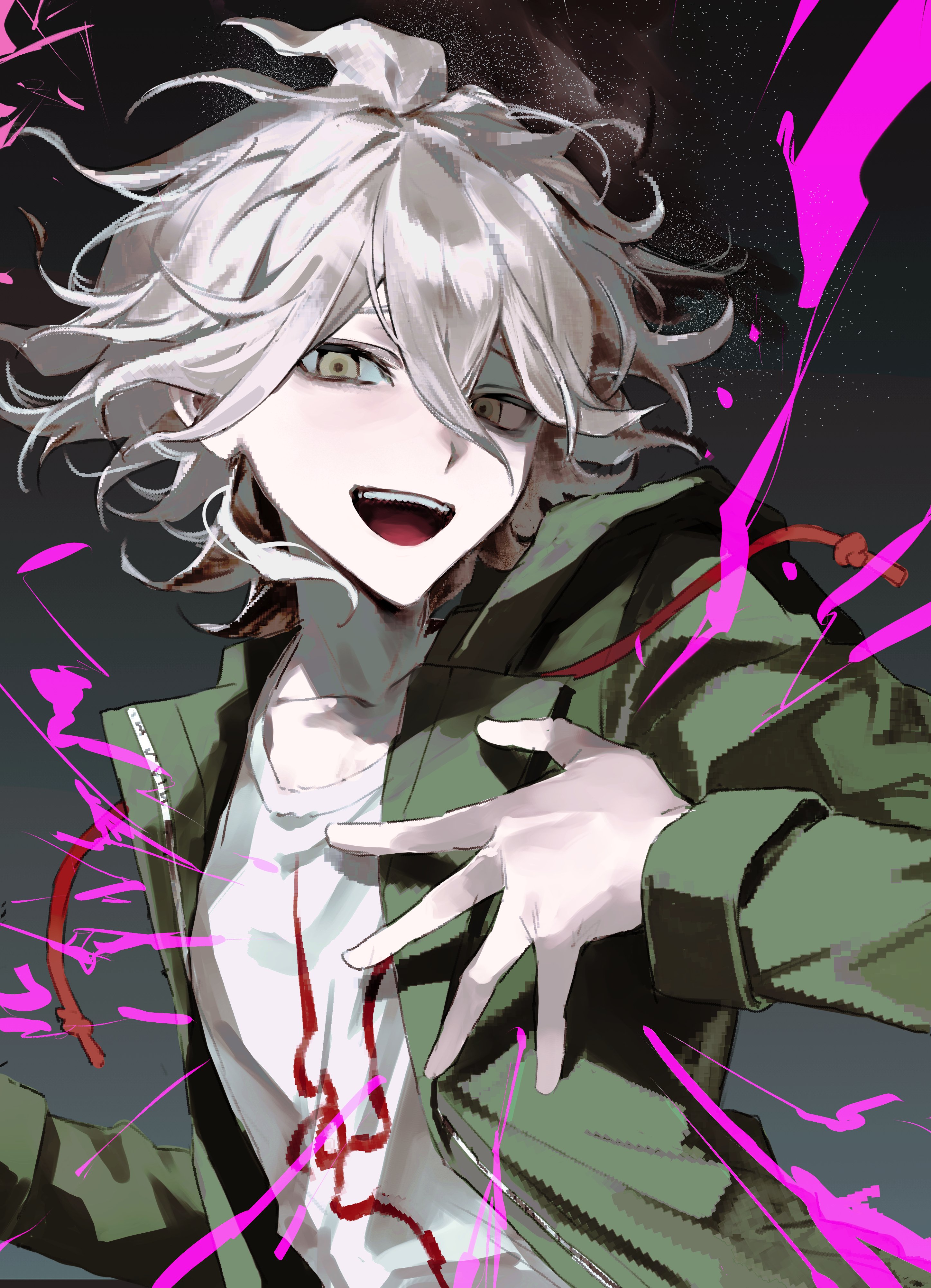 333takoyaki, komaeda nagito, danganronpa (series), danganronpa 2: goodbye despair, absurdres, highres, 1boy, blood, green jacket, hood, hooded jacket, jacket, male focus, medium hair, messy hair, open clothes, open jacket, pink blood, smile, solo, white hair