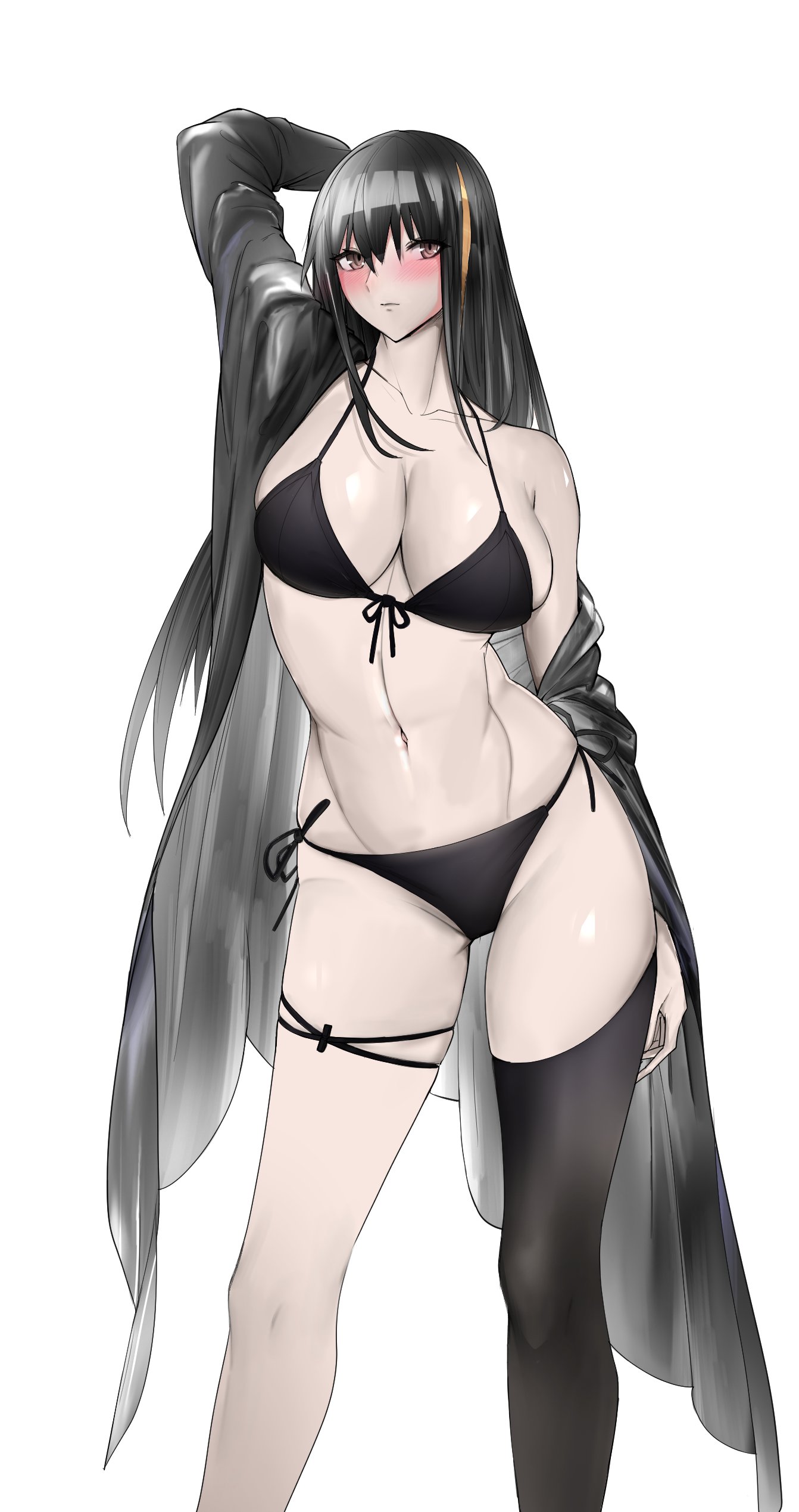 swavigg, m4a1 (girls' frontline), girls' frontline, absurdres, commentary, english commentary, highres, 1girl, alternate costume, arm behind back, arm behind head, bare shoulders, bikini, black bikini, black hair, black robe, black thighhighs, blush, breasts, brown eyes, cleavage, closed mouth, collarbone, feet out of frame, long hair, long sleeves, looking at viewer, medium breasts, multicolored hair, navel, open clothes, open robe, robe, sidelocks, simple background, single thighhigh, solo, standing, stomach, streaked hair, swimsuit, thigh strap, thighhighs, thighs, white background