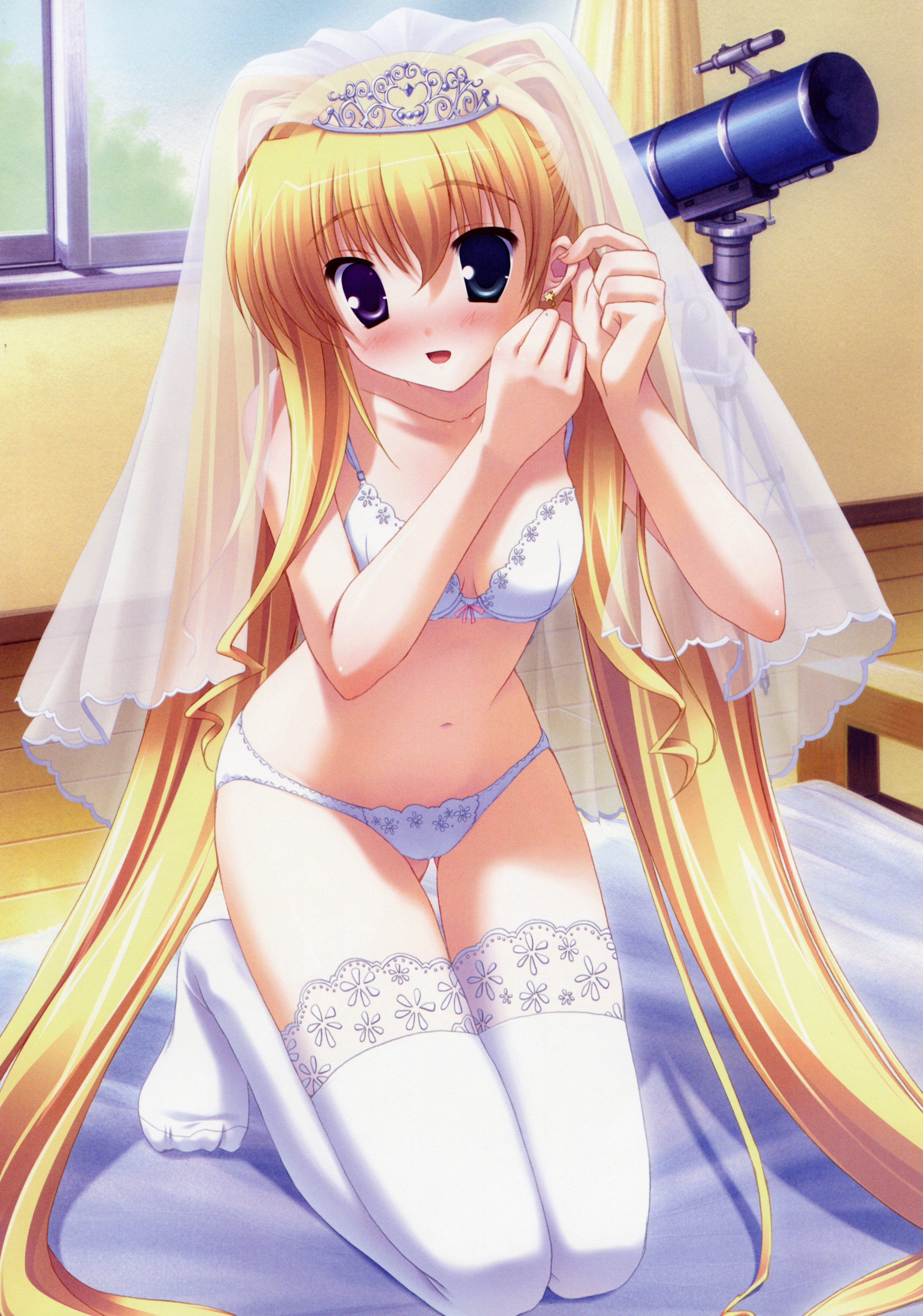 absurdres, game cg, highres, tagme, 1girl, bridal lingerie, female focus, frilled thigh strap, lingerie, solo, telescope, thigh strap, tiara, underwear, veil, wedding
