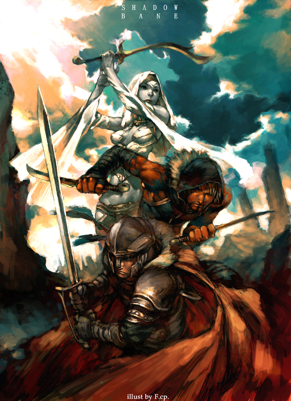 fcp, 1girl, 2boys, armor, cloud, dark skin, fantasy, knife, multiple boys, sky, sword, weapon