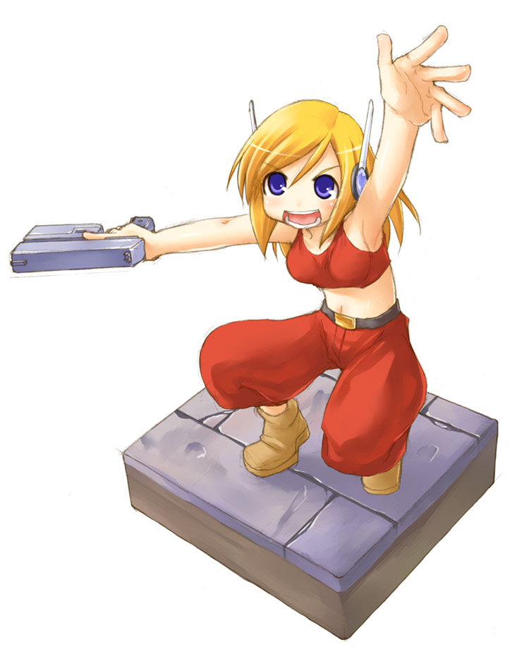 kasuga yukihito, curly brace, doukutsu monogatari, 1girl, arm up, blonde hair, blue eyes, boots, crop top, faux figurine, female focus, gun, isometric, midriff, open mouth, outstretched arms, solo, tank top, weapon