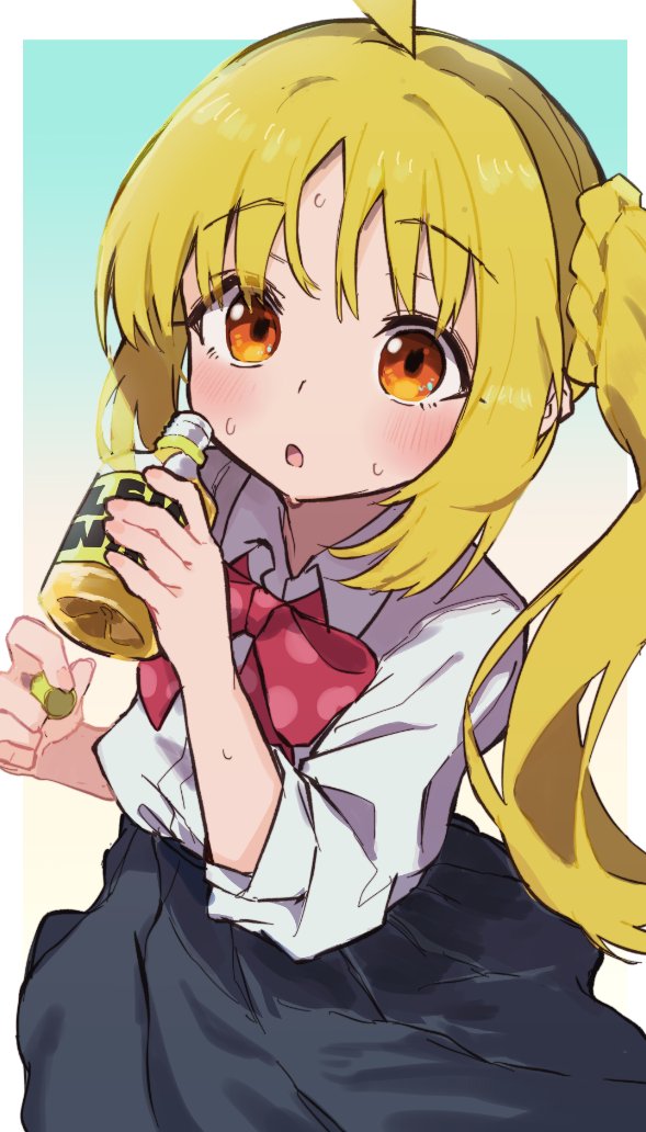 jamir, ijichi nijika, bocchi the rock!, commentary, 1girl, :o, ahoge, black skirt, blonde hair, blush, border, bottle, bottle cap, bow, bowtie, collared shirt, holding, holding bottle, long hair, long sleeves, looking at viewer, open mouth, outside border, pleated skirt, polka dot, polka dot bow, polka dot bowtie, red bow, red bowtie, red eyes, school uniform, shimokitazawa high school uniform, shirt, side ponytail, sidelocks, skirt, solo, sweat, white border, white shirt