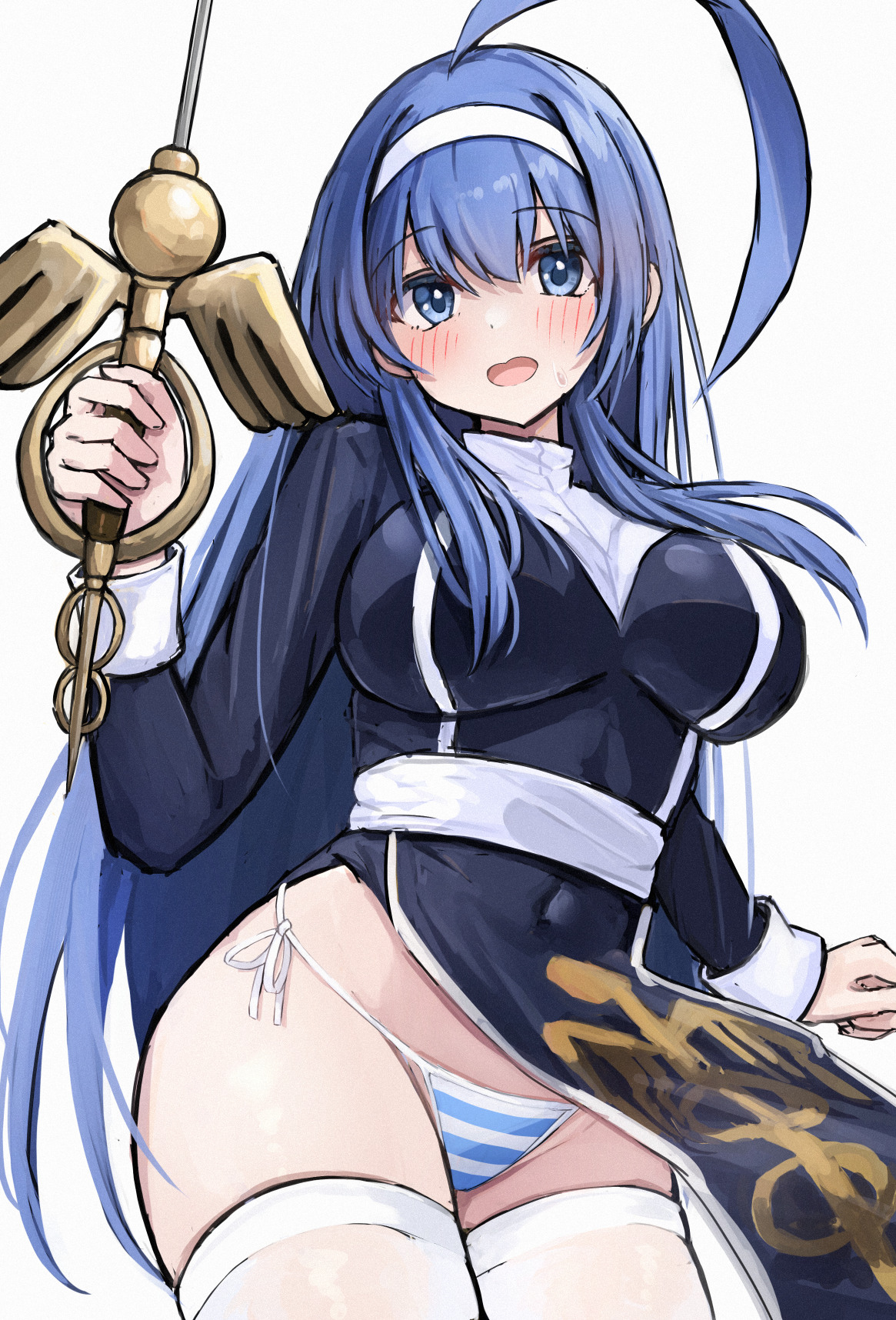 tabii, orie ballardiae harada, under night in-birth, highres, 1girl, ahoge, black dress, blue eyes, blue hair, blue panties, blush, breasts, cowboy shot, dress, grey background, holding, holding sword, holding weapon, large breasts, open mouth, panties, side-tie panties, simple background, skindentation, smile, solo, striped clothes, striped panties, sword, thighhighs, two-tone panties, underwear, weapon, white panties, white thighhighs