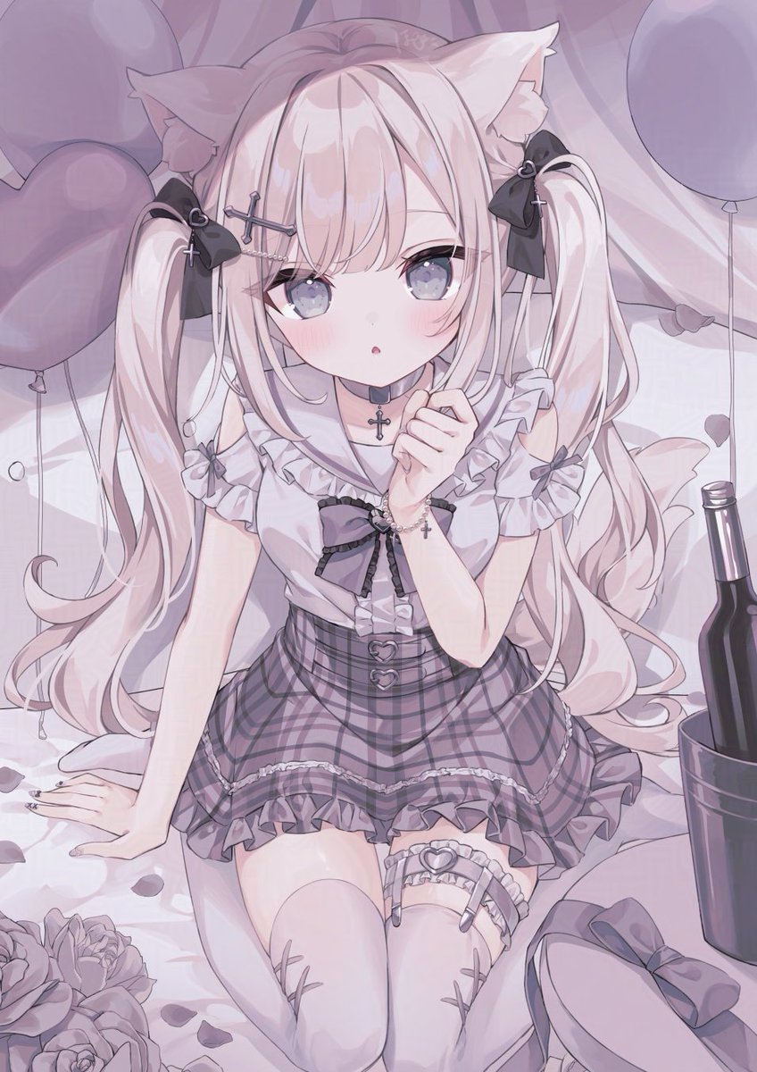 hoshi (snacherubi), original, commentary, highres, symbol-only commentary, 1girl, animal ear fluff, animal ears, arm support, balloon, bed sheet, black bow, blush, bottle, bow, brown hair, bucket, center frills, clothing cutout, cross hair ornament, flower, frilled skirt, frills, grey flower, grey rose, grey sailor collar, grey shirt, grey skirt, grey thighhighs, hair bow, hair ornament, hand up, heart, heart balloon, long hair, looking at viewer, no shoes, parted lips, petals, pillow, plaid clothes, plaid skirt, puffy short sleeves, puffy sleeves, rose, sailor collar, shirt, short sleeves, shoulder cutout, sitting, skirt, solo, tail, thighhighs, twintails, very long hair, wariza