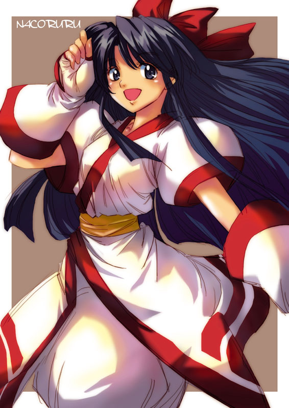 otsu natsu, nakoruru, samurai spirits, 1girl, black eyes, black hair, bow, female focus, gloves, long hair, red bow, smile, solo