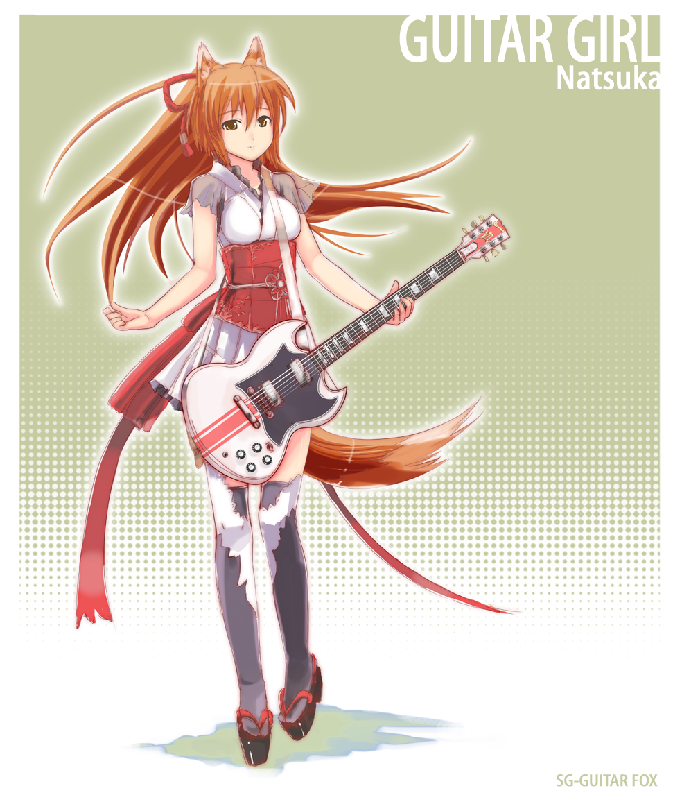 kaito (k4itoh), yutaka, original, bad id, bad pixiv id, animal ears, brown eyes, brown hair, clog sandals, fox ears, fox tail, guitar, instrument, japanese clothes, kimono, legs, long hair, okobo, platform sandals, sandals, solo, tail, thighhighs, yukata