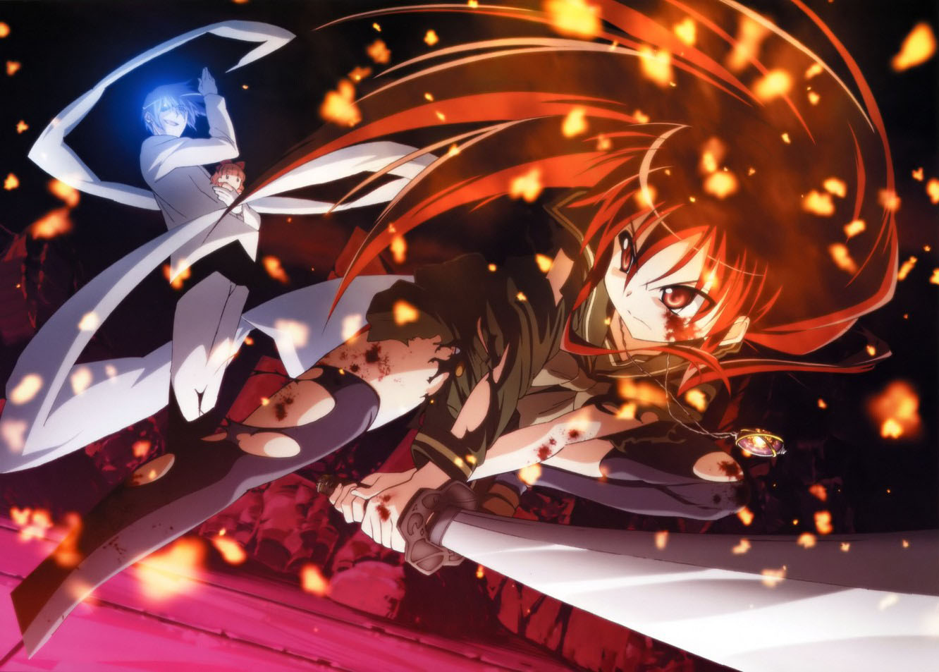fujii masahiro, alastor (shakugan no shana), friagne, marianne, shana, shakugan no shana, 00s, 1boy, 1girl, artistic error, fire, formal clothes, jewelry, pendant, red eyes, red hair, suit, sword, thighhighs, torn clothes, weapon