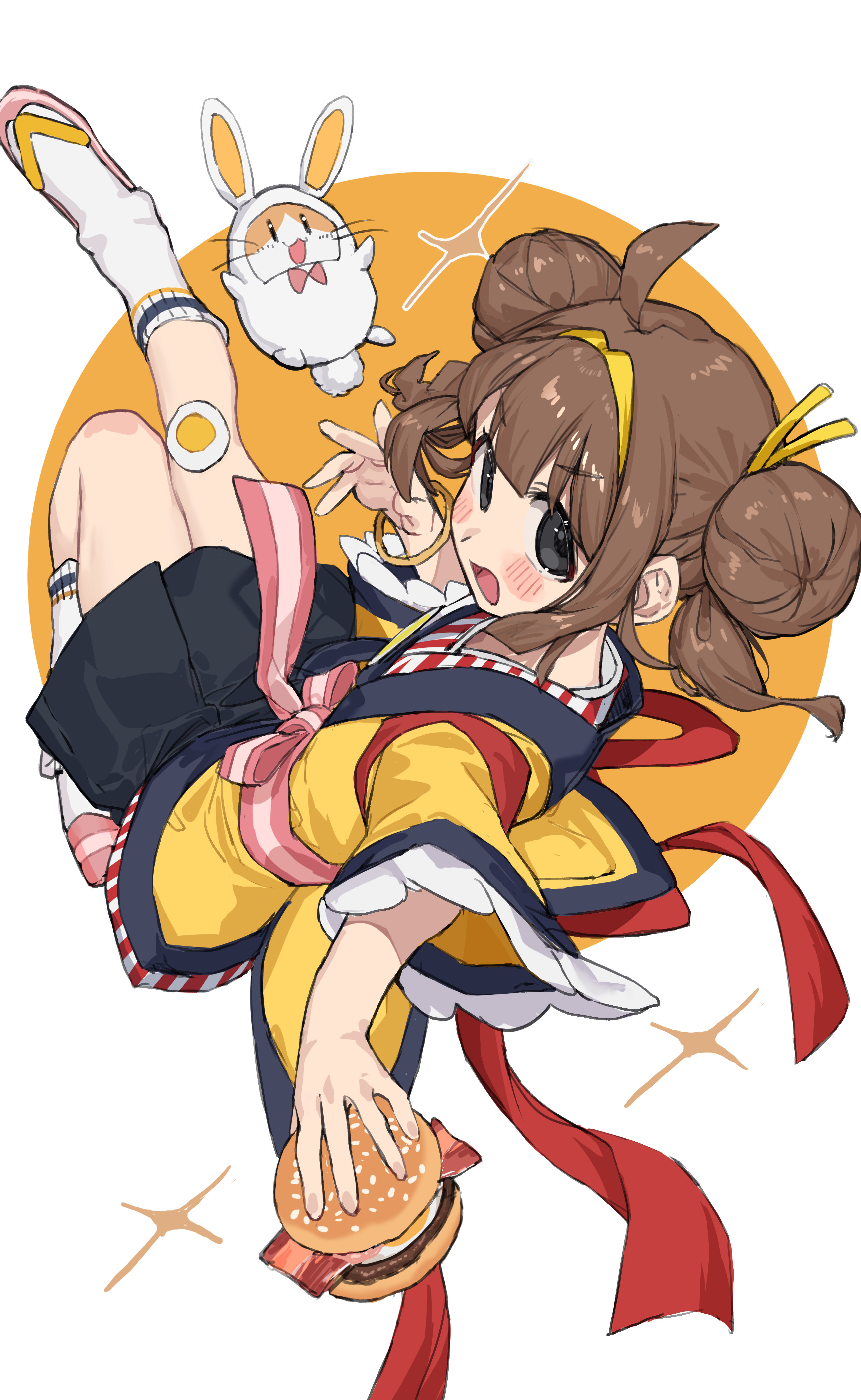ranf, mcdonald's, absurdres, commentary request, highres, 1girl, :d, ahoge, bangle, black shorts, blush stickers, bracelet, brown background, brown hair, burger, double bun, food, full body, grey eyes, hair bun, hairband, holding, holding food, imadake dabuchi tabesuke, imadake tsukimi tabemi, japanese clothes, jewelry, kimono, long sleeves, looking at viewer, looking back, multicolored hair, open mouth, pink sandals, round image, sandals, shorts, smile, socks, tasuki, twintails, two-tone hair, white background, white socks, wide sleeves, yellow hairband, yellow kimono, zouri