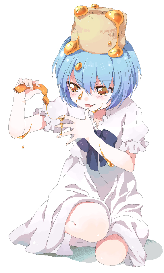 namori, bisuke-tan, kfc, bad id, bad pixiv id, blue hair, blush, brown eyes, dress, kneeling, object on head, short hair, solo, squatting, syrup