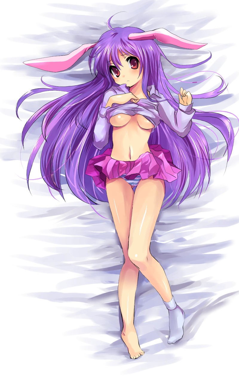 kobanzame, reisen udongein inaba, touhou, bad id, bad pixiv id, highres, 1girl, animal ears, bad anatomy, bad feet, barefoot, bed, blush, breasts, clothes lift, dakimakura (medium), feet, female focus, full body, long hair, lying, medium breasts, no bra, panties, pantyshot, poorly drawn, purple hair, rabbit ears, red eyes, shirt lift, single sock, skirt, socks, solo, striped clothes, striped panties, underboob, underwear, upskirt