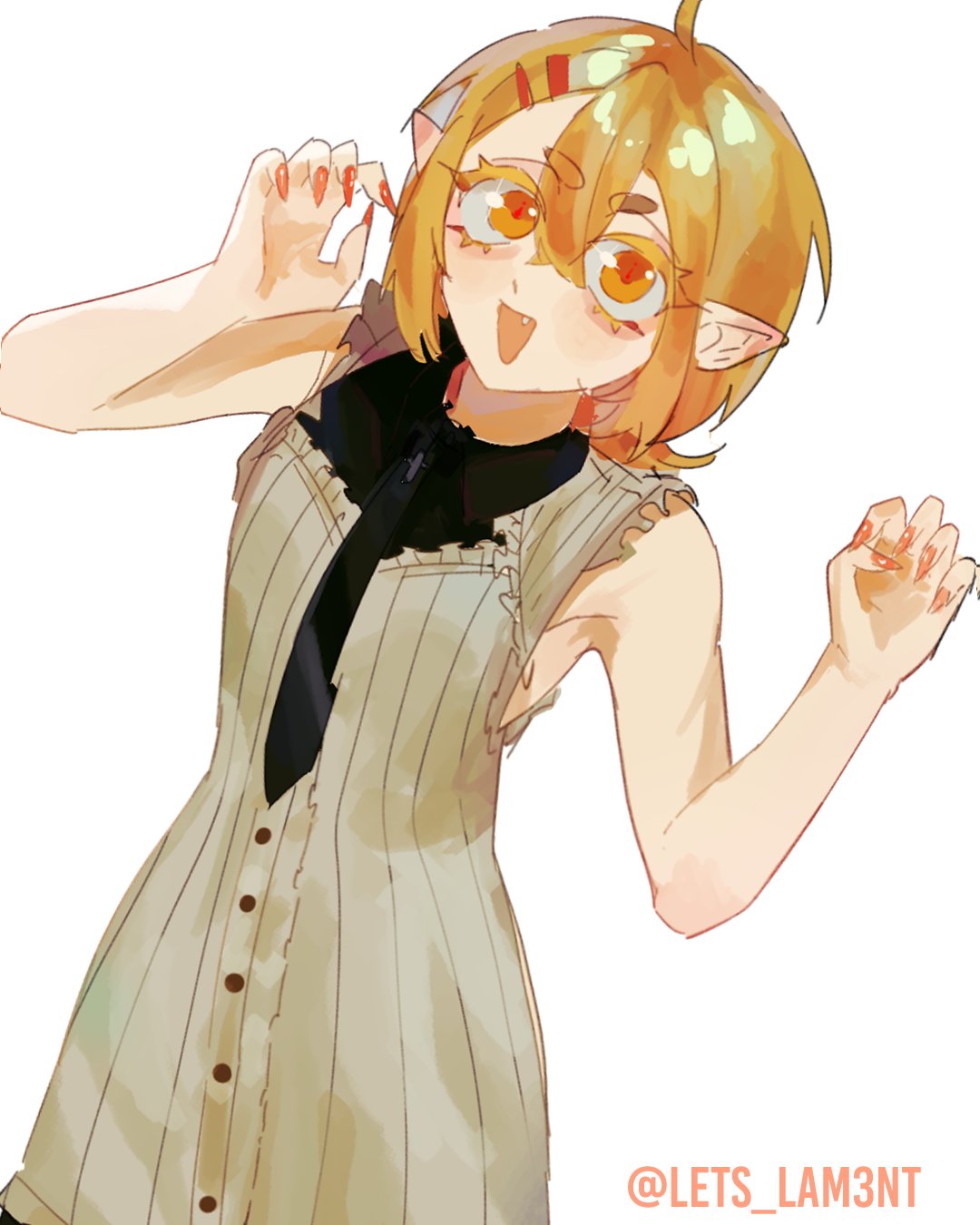 lets lam3nt, don quixote (project moon), limbus company, project moon, highres, 1girl, :d, alternate costume, bare shoulders, black necktie, blonde hair, claw pose, collared shirt, dress, fang, hair ornament, hairclip, looking at viewer, necktie, open mouth, red nails, shirt, short hair, simple background, sleeveless, smile, solo, standing, upper body, white background, white dress, yellow eyes
