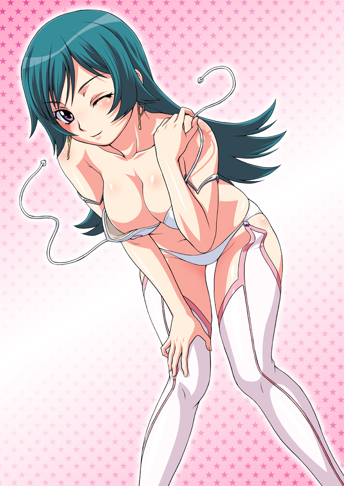 kouda tomohiro, kotona elegance, zoids, zoids genesis, 00s, 1girl, blush, boots, bra, breasts, cleavage, earrings, female focus, green hair, jewelry, leaning forward, lingerie, long hair, one eye closed, panties, purple eyes, solo, thighhighs, underwear, underwear only, undressing, white boots, wink