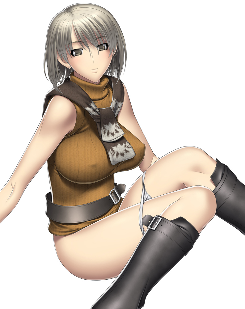 kansuke, ashley graham, resident evil, resident evil 4, 1girl, belt, blonde hair, blush, bob cut, boots, breasts, brown eyes, brown hair, covered erect nipples, female focus, large breasts, orange shirt, panties, panty pull, shirt, short hair, sitting, sleeveless, sleeveless turtleneck, solo, sweater, turtleneck, underwear, white panties