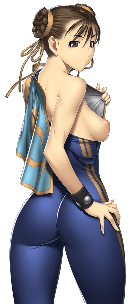 kansuke, chun-li, capcom, street fighter, 1girl, ass, breasts, brown eyes, brown hair, double bun, double vertical stripe, female focus, hair bun, huge ass, leotard, looking back, nipples, sideboob, skin tight, small breasts, solo, undressing, unitard, wedgie