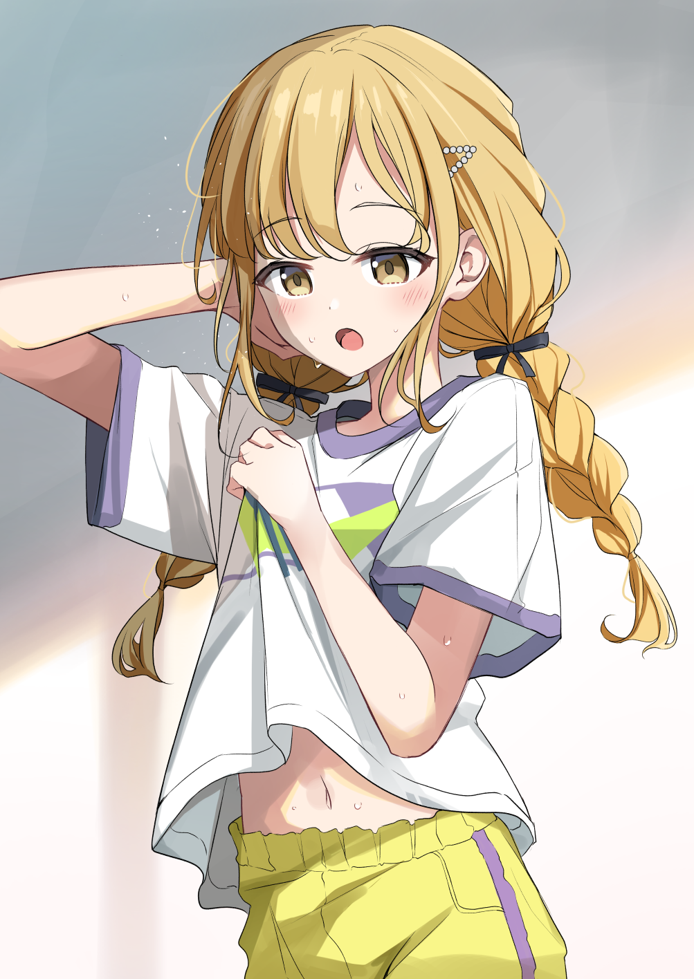 keito4f, fujita kotone, gakuen idolmaster, idolmaster, highres, 1girl, :o, black ribbon, blonde hair, blush, braid, hair ribbon, hand in own hair, long hair, navel, ribbon, shirt, short sleeves, solo, sweat, twin braids, white shirt, yellow eyes