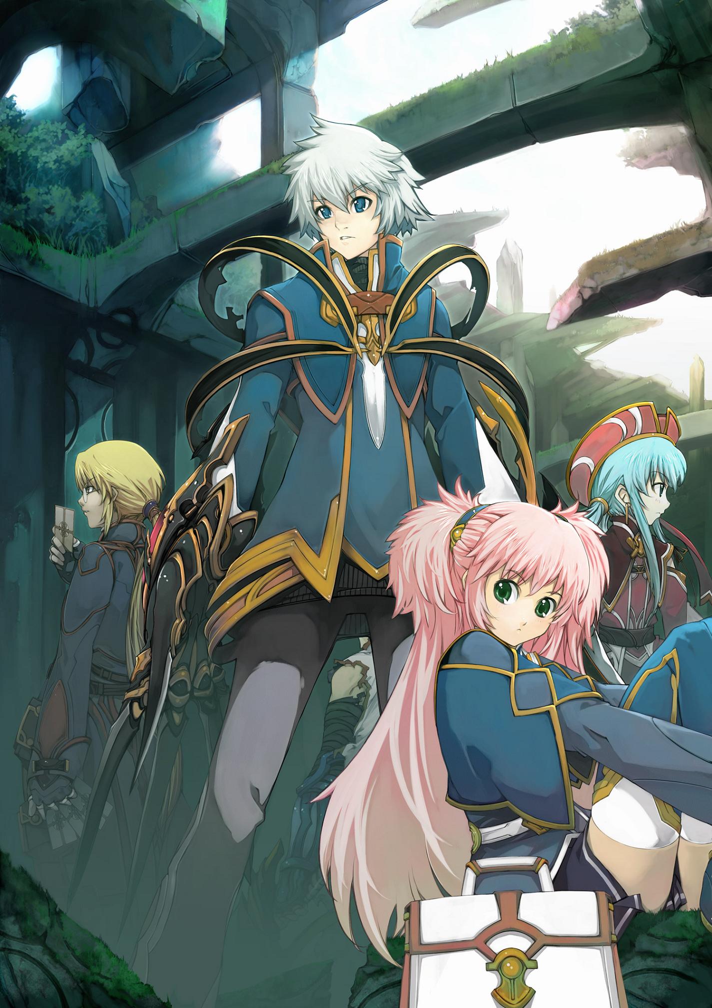 yoshizumi kazuyuki, anna laemmle, flay gunnar, philomel hartung, roxis rosenkranz, vayne aurelius, atelier (series), gust, mana khemia, mana khemia (series), highres, official art, 2girls, 3boys, hat, multiple boys, multiple girls, red hat, thighhighs, twintails, two side up