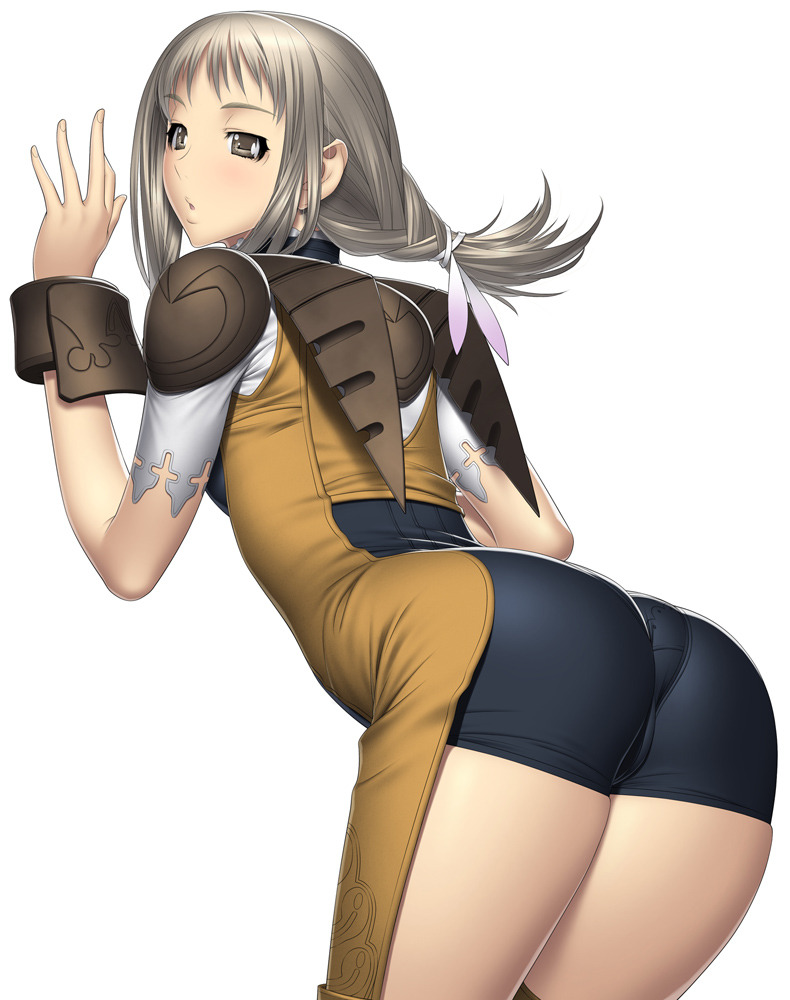 kansuke, penelo, final fantasy, final fantasy xii, 00s, 1girl, ass, bent over, blush, braid, brown eyes, brown hair, female focus, huge ass, looking back, pout, skin tight, solo, twintails