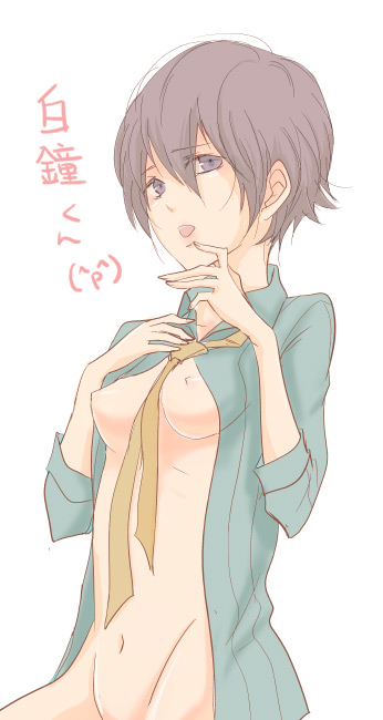 shirogane naoto, atlus, persona, persona 4, translated, 1girl, androgynous, breasts, female focus, open clothes, open shirt, reverse trap, shirt, short hair, solo, tomboy