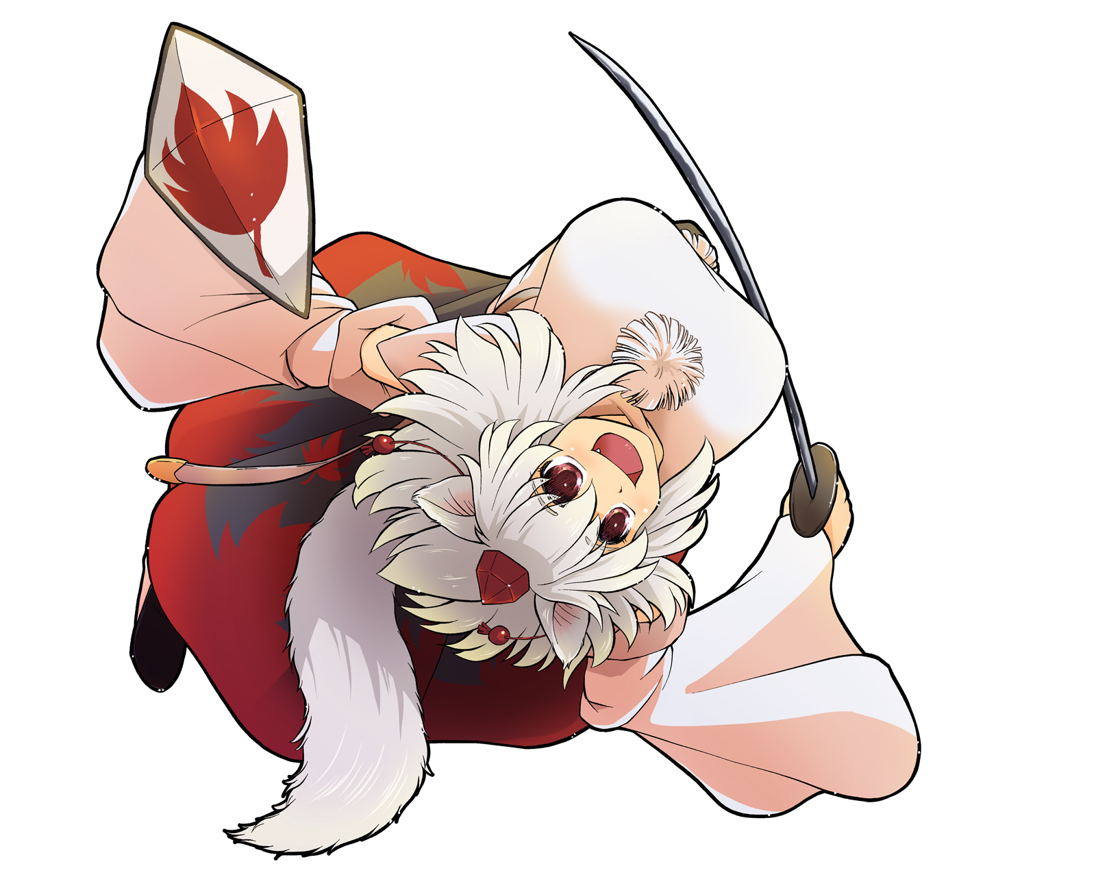 usagi niku, inubashiri momiji, touhou, commentary request, highres, 1girl, animal ears, black skirt, breasts, detached sleeves, fang, hat, holding, holding shield, holding sword, holding weapon, large breasts, leaf print, long sleeves, looking at viewer, maple leaf print, medium hair, open mouth, pom pom (clothes), red eyes, red hat, red trim, shield, shirt, simple background, skirt, smile, solo, sticker (medium), sword, tail, tokin hat, upside-down, weapon, white background, white hair, white shirt, wide sleeves, wolf ears, wolf girl, wolf tail