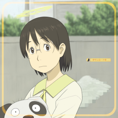 yasunon, densuke (dennou coil), okonogi yuuko, dennou coil, haibane renmei, lowres, translated, angel wings, brown eyes, brown hair, halo, parody, pixels, short hair, solo, traditional halo, wings
