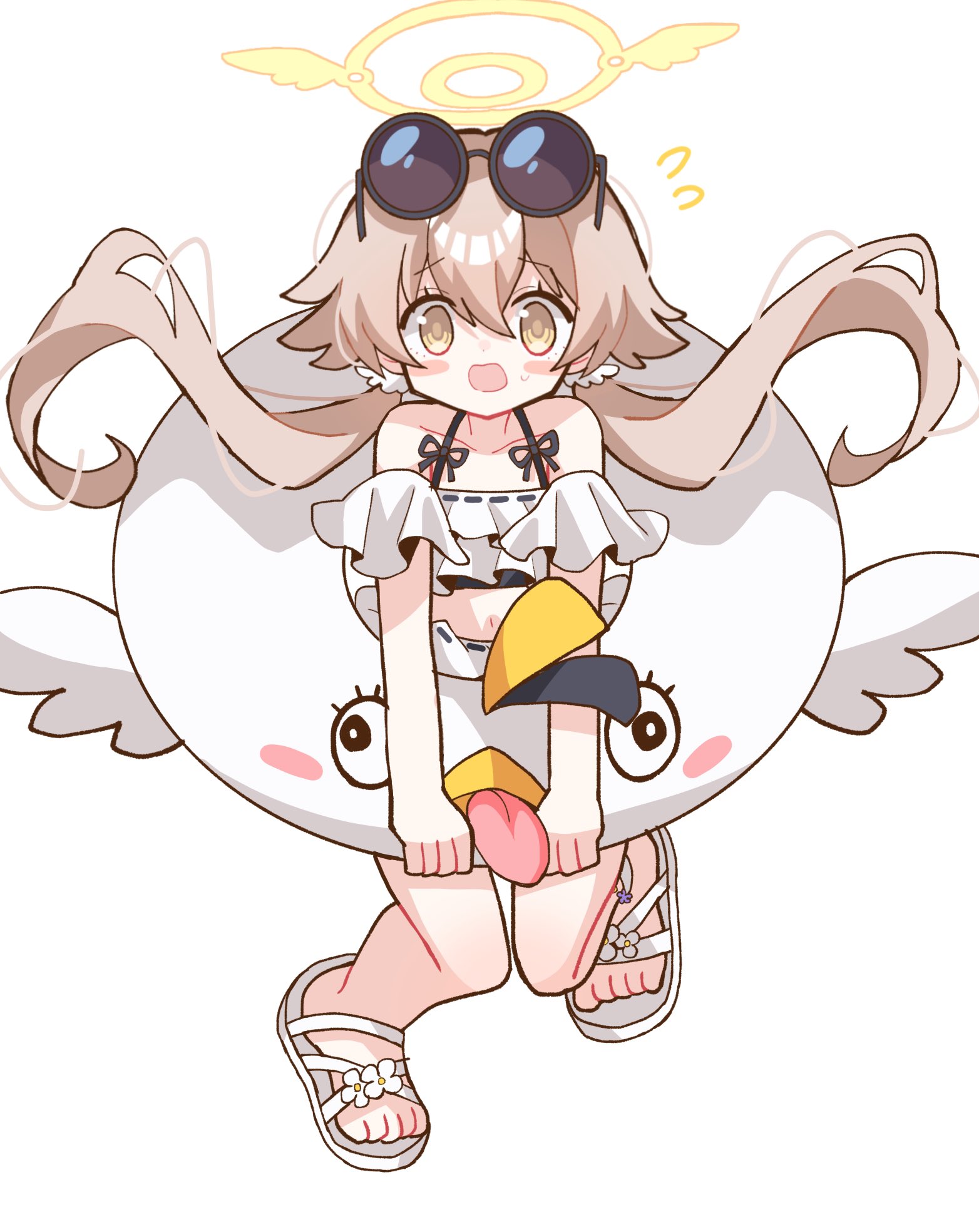 furiba 794, hifumi (blue archive), peroro (blue archive), blue archive, highres, 1girl, @ @, bare shoulders, bikini, blonde hair, blush, blush stickers, collarbone, eyewear on head, flying sweatdrops, frilled bikini, frills, full body, hair between eyes, halo, holding, innertube, long hair, looking at viewer, low twintails, navel, official alternate costume, open mouth, round eyewear, sandals, shoes, simple background, solo, sunglasses, swim ring, swimsuit, twintails, white background, white bikini, white shoes, yellow eyes, yellow halo