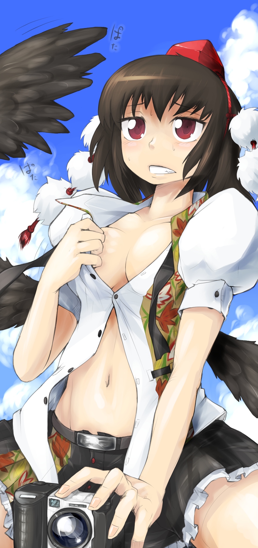 oso (toolate), shameimaru aya, touhou, highres, long image, tall image, 1girl, black wings, breasts, brown hair, camera, cleavage, female focus, hat, hot, navel, no bra, open clothes, open shirt, red eyes, shirt, short hair, solo, wings