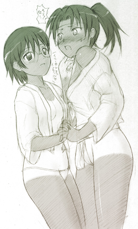 kusaka maichi, xsaka, amasawa yuuko, okonogi yuuko, dennou coil, 00s, 2girls, bare shoulders, bikini, bikini bottom only, blush, fundoshi, glasses, japanese clothes, mizu happi, multiple girls, one-piece tan, open clothes, open shirt, shirt, short hair, swimsuit, tan, tanline, twintails, yuri